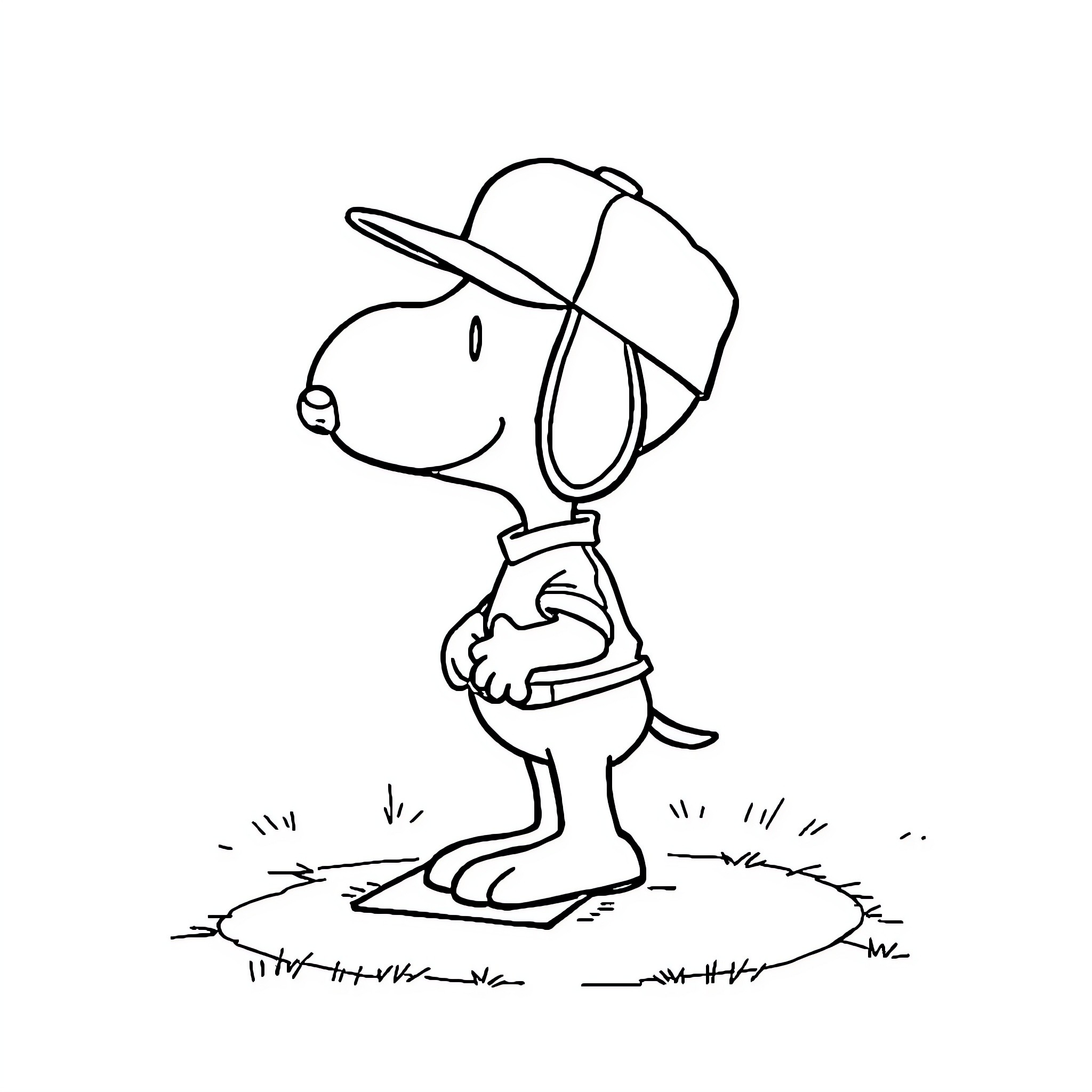 Snoopy exploring the outdoors in a cap Coloring Page (free black-and-white line drawing printable PDF for all, from beginners to advanced learners, including children, teens, adults, and seniors)
