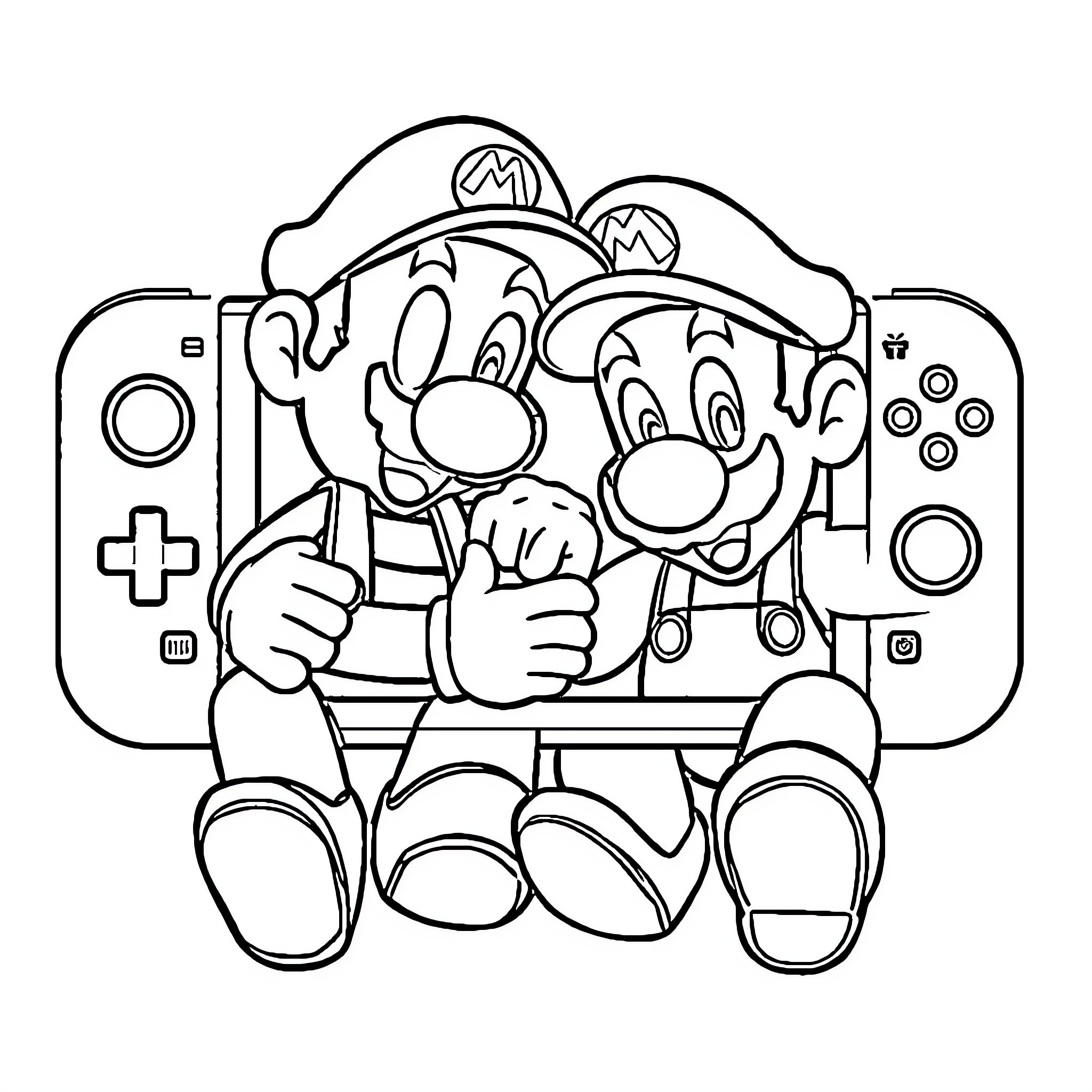 Mario gaming with video game controller Coloring Page (free black-and-white line drawing printable PDF for all, from beginners to advanced learners, including children, teens, adults, and seniors)