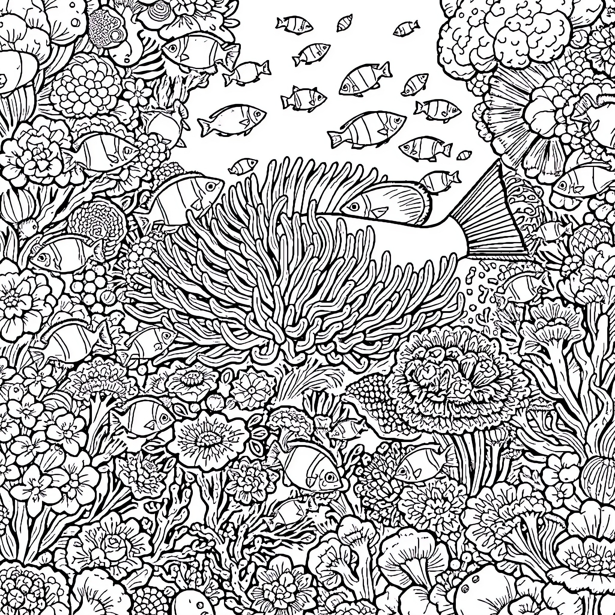 Coral Reef Teeming with Aquatic Life Coloring Page (free black-and-white line drawing printable PDF for all, from beginners to advanced learners, including children, teens, adults, and seniors)