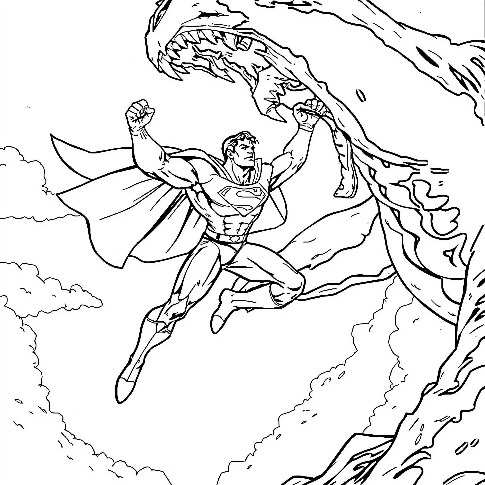 Superman flying through the air with determination Coloring Page (free black-and-white line drawing printable PDF for all, from beginners to advanced learners, including children, teens, adults, and seniors)