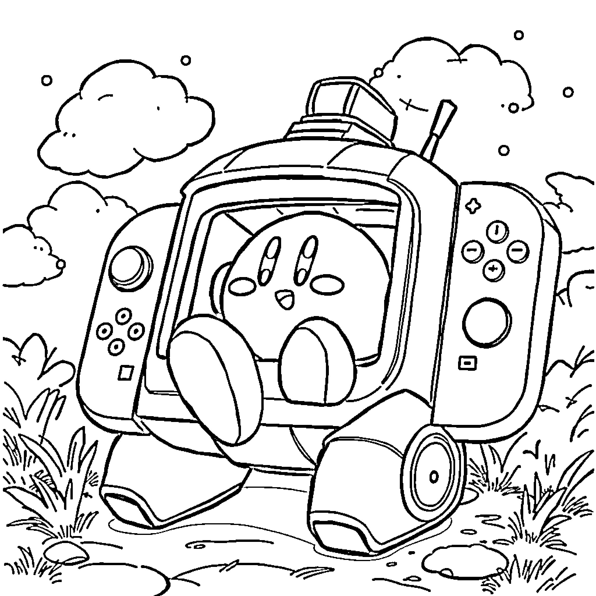 Kirby riding in a video game console on an adventure Coloring Page (free black-and-white line drawing printable PDF for all, from beginners to advanced learners, including children, teens, adults, and seniors)