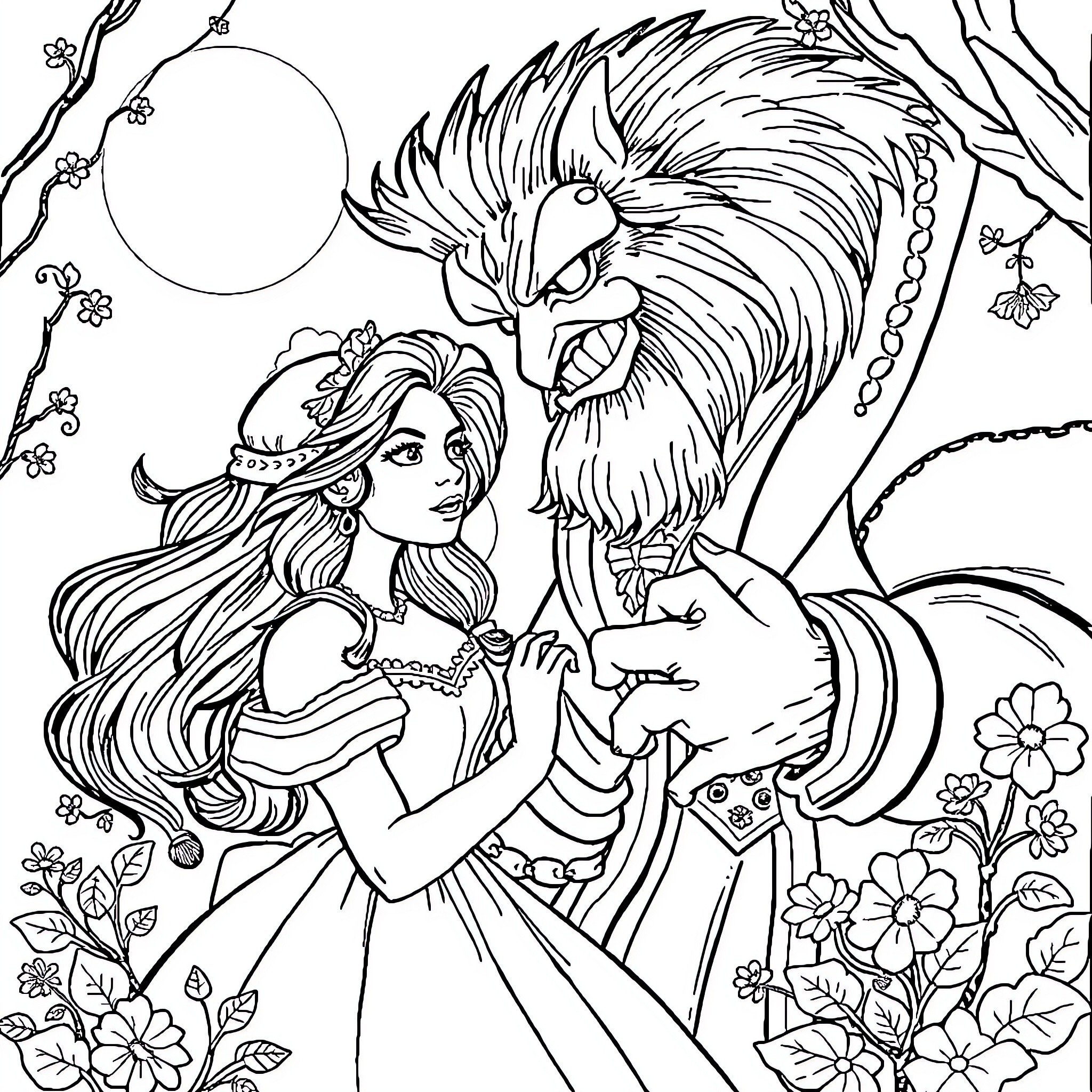 Beauty And The Beast's Enchanting Encounter Coloring Page (free black-and-white line drawing printable PDF for all, from beginners to advanced learners, including children, teens, adults, and seniors)