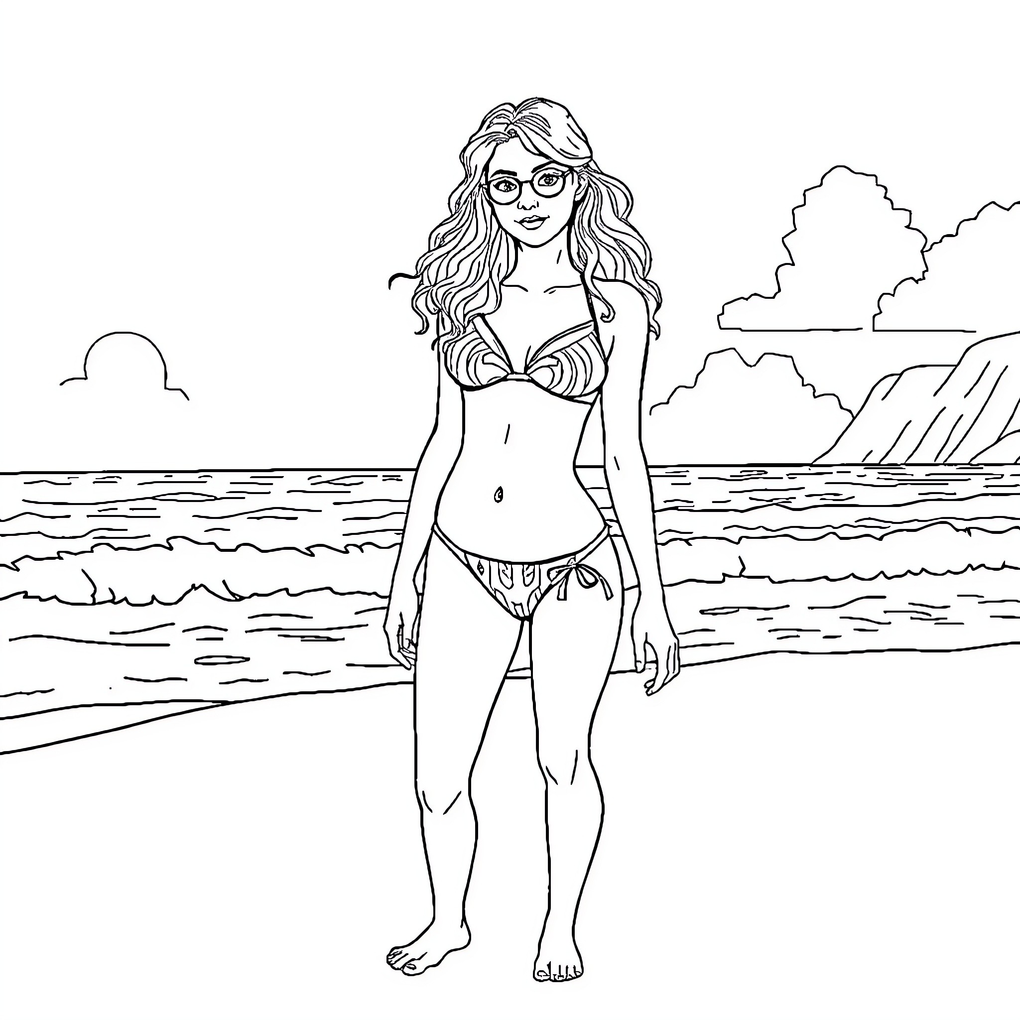 Hermione enjoying a day at the beach Coloring Page (free black-and-white line drawing printable PDF for all, from beginners to advanced learners, including children, teens, adults, and seniors)