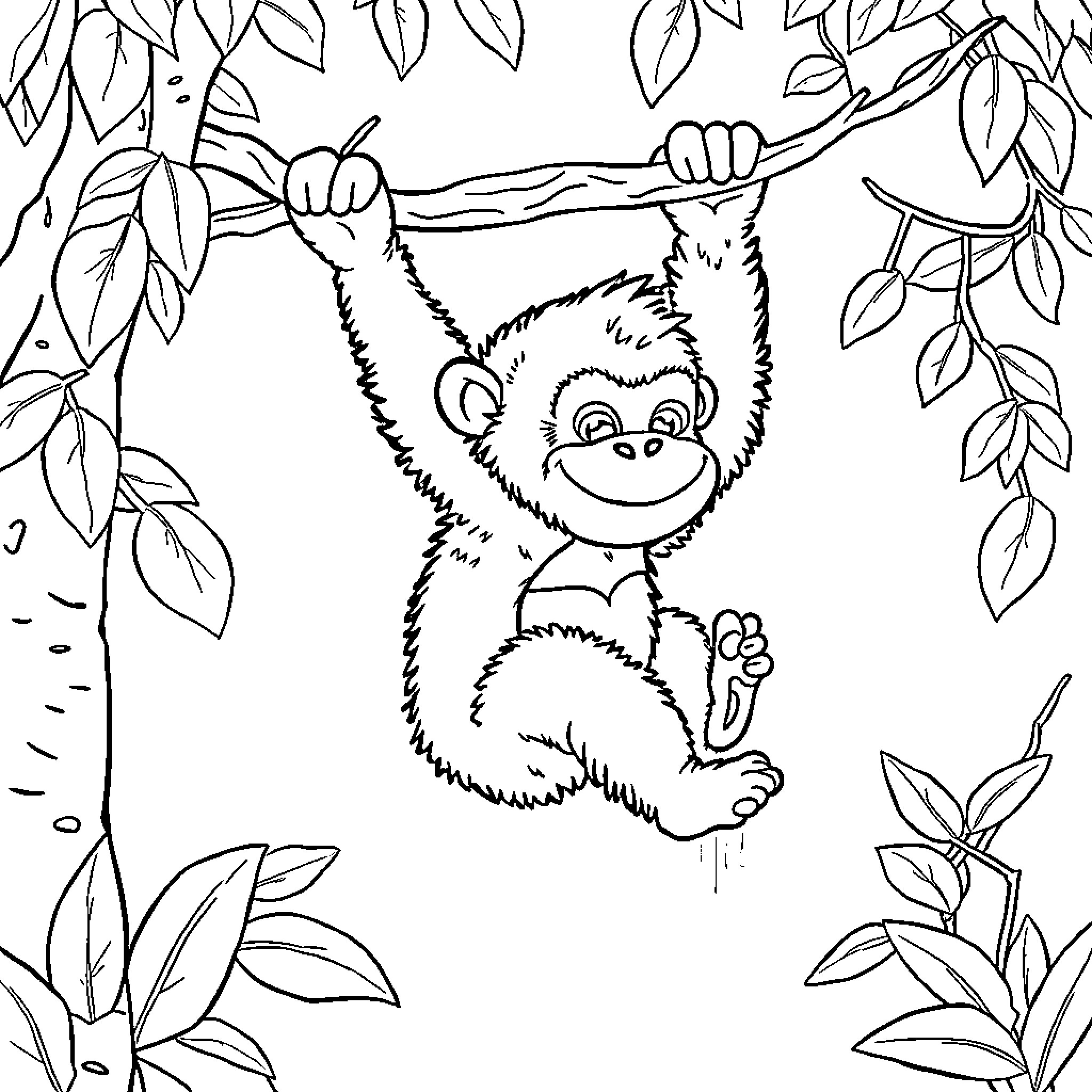 Gorilla swinging happily on a tree branch Coloring Page (free black-and-white line drawing printable PDF for all, from beginners to advanced learners, including children, teens, adults, and seniors)