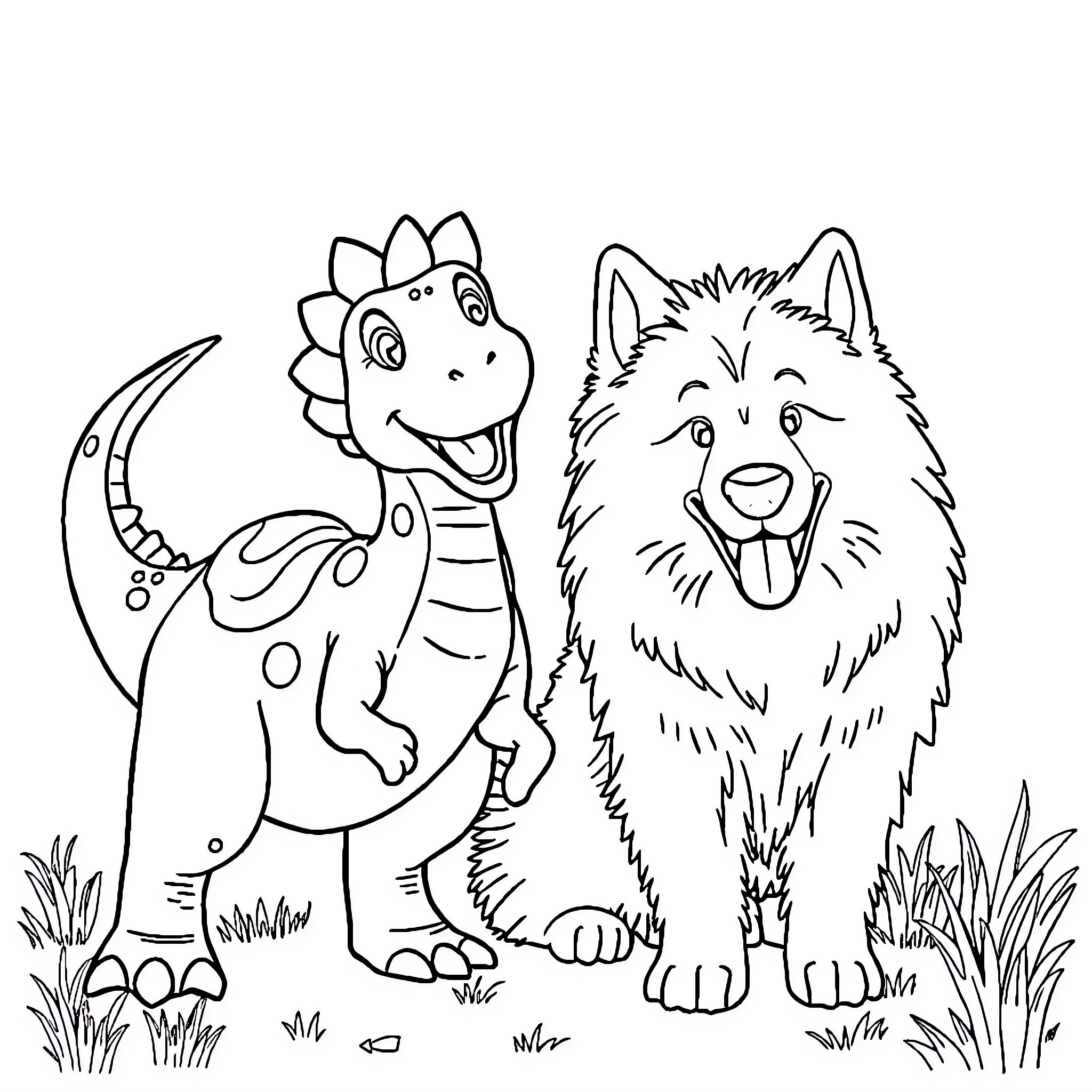 Dinosaur and Dog Playing Together Outdoors Coloring Page (free black-and-white line drawing printable PDF for all, from beginners to advanced learners, including children, teens, adults, and seniors)