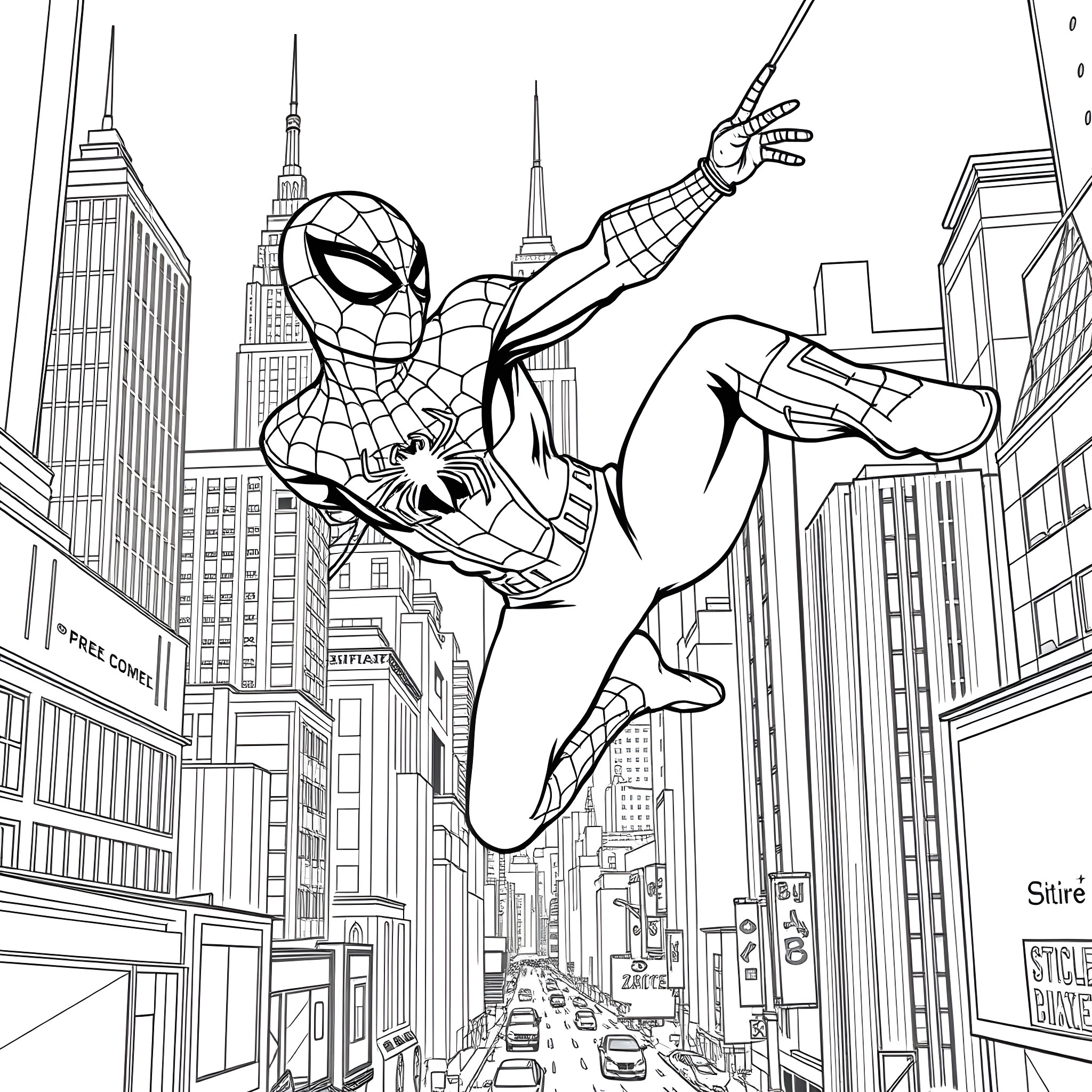 Spider-Man swinging through the city skyline Coloring Page (free black-and-white line drawing printable PDF for all, from beginners to advanced learners, including children, teens, adults, and seniors)