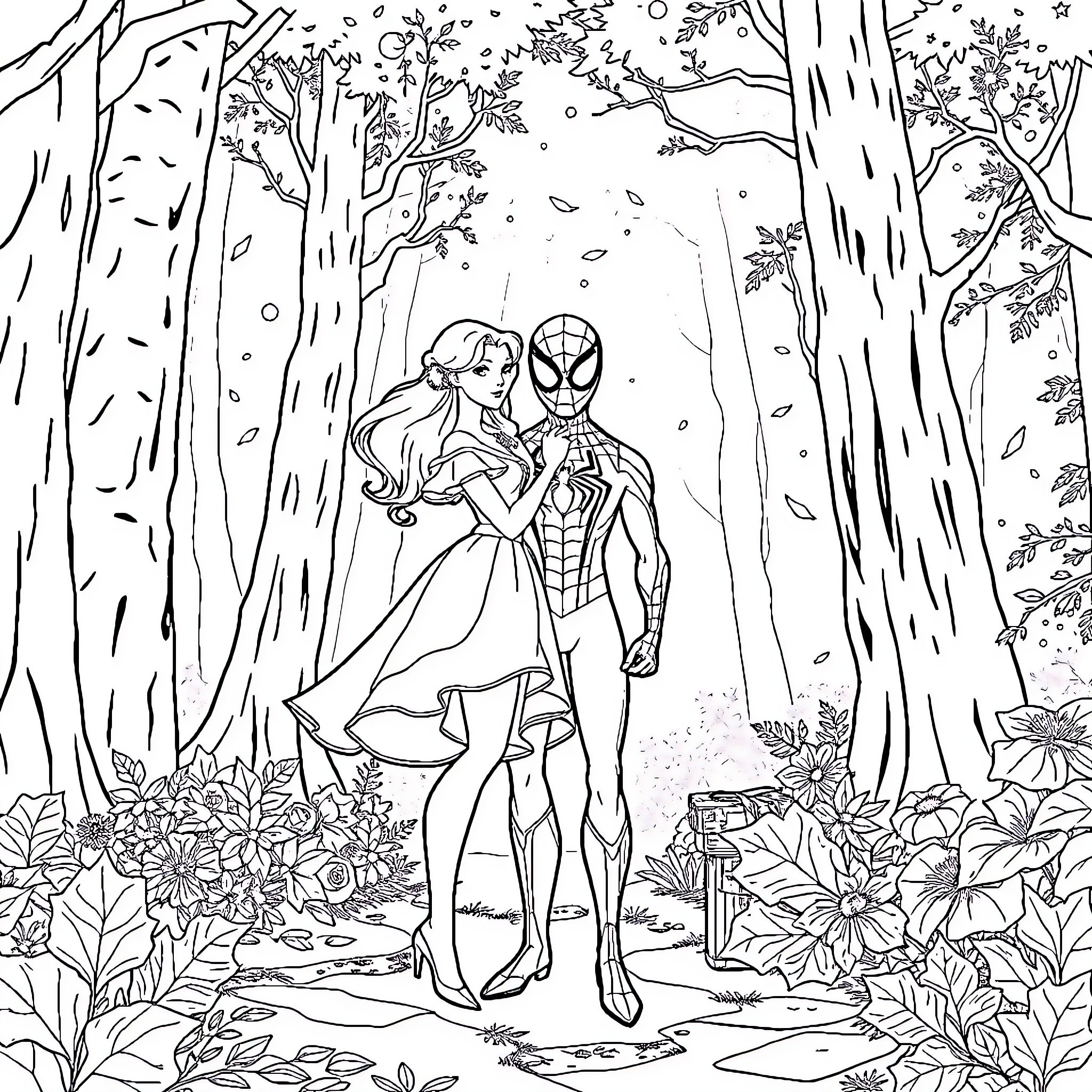 Snow White and Spider-Man explore the enchanted forest Coloring Page (free black-and-white line drawing printable PDF for all, from beginners to advanced learners, including children, teens, adults, and seniors)