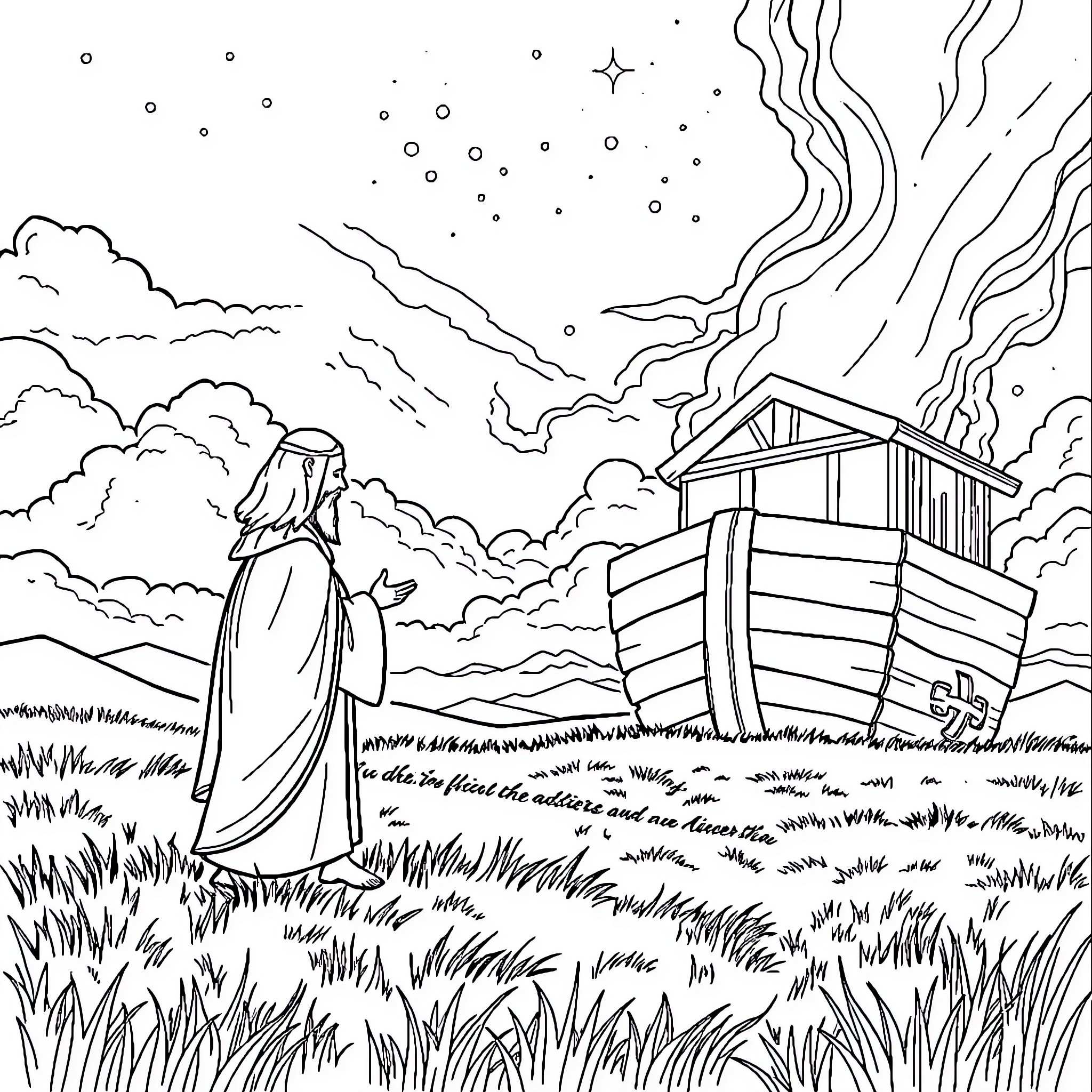 Noah Gazes Upon the Ark Amidst the Starry Sky Coloring Page (free black-and-white line drawing printable PDF for all, from beginners to advanced learners, including children, teens, adults, and seniors)
