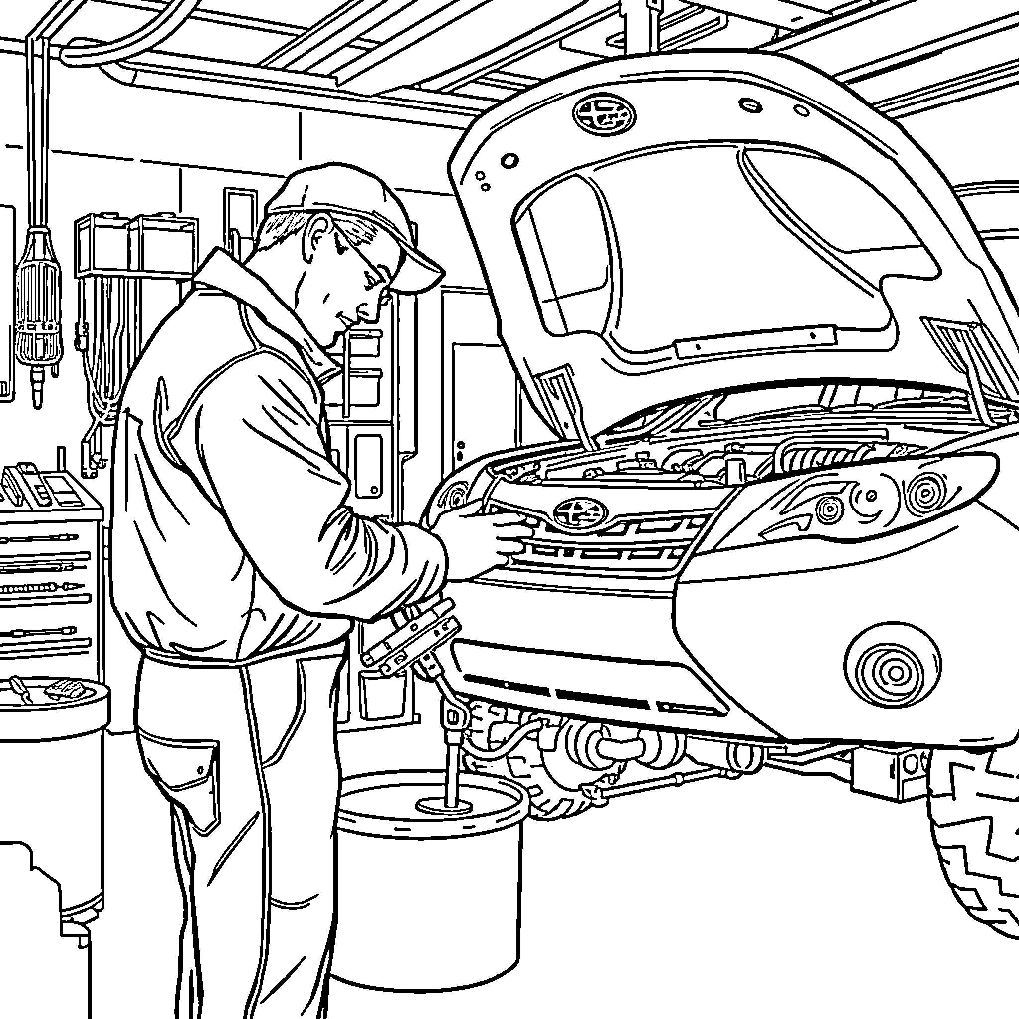 Subaru mechanic working diligently on vehicle Coloring Page (free black-and-white line drawing printable PDF for all, from beginners to advanced learners, including children, teens, adults, and seniors)
