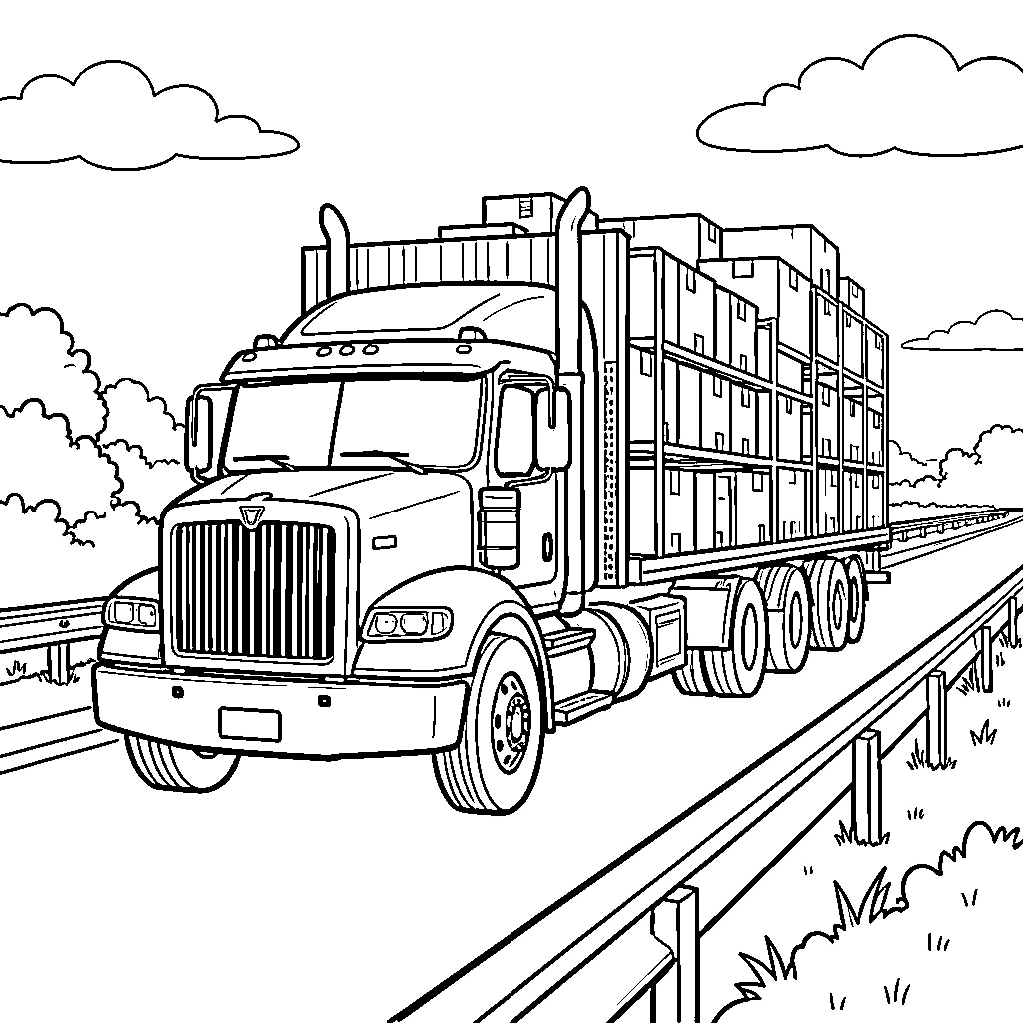 Truck hauling cargo through scenic countryside Coloring Page (free black-and-white line drawing printable PDF for all, from beginners to advanced learners, including children, teens, adults, and seniors)