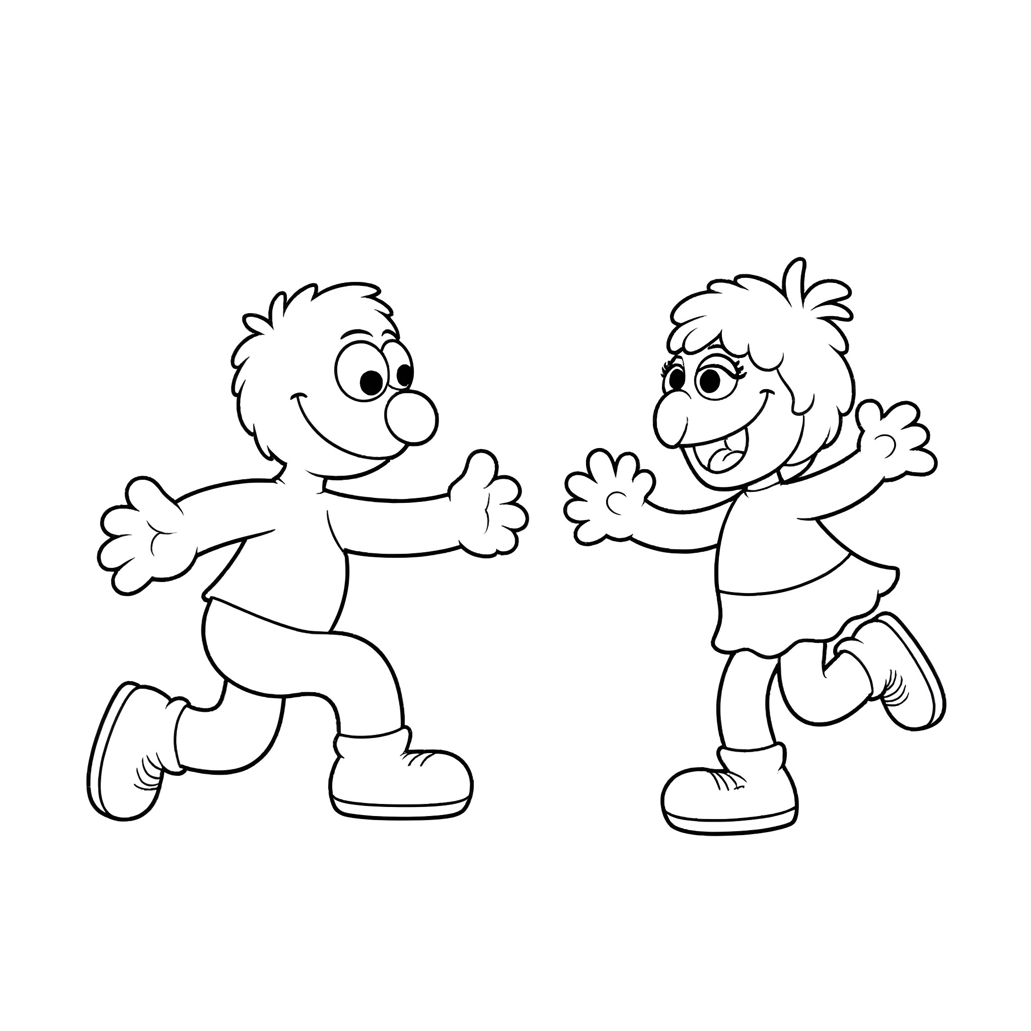 Elmo and friend playing happily together Coloring Page (free black-and-white line drawing printable PDF for all, from beginners to advanced learners, including children, teens, adults, and seniors)