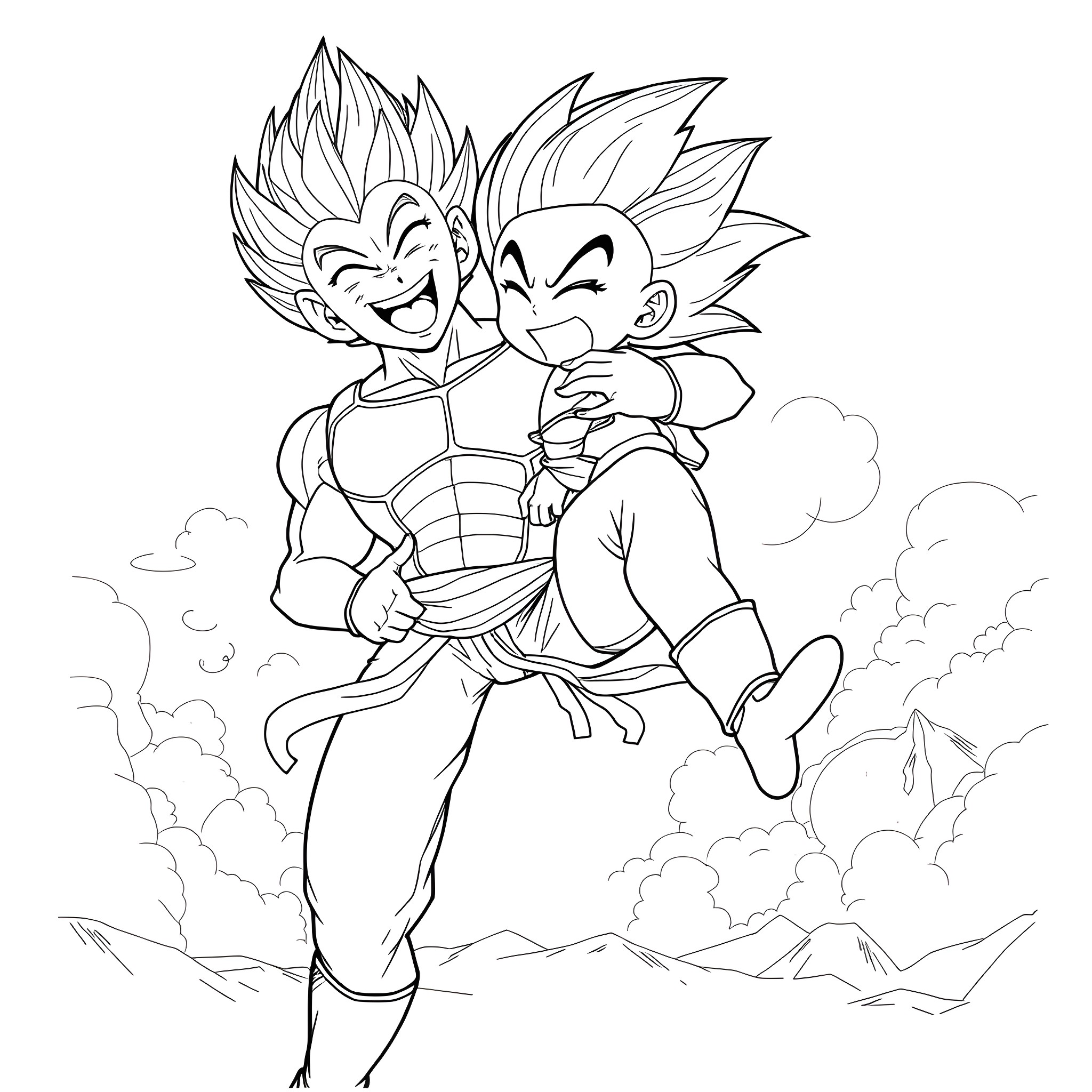 Vegeta and Goku's Animated Adventure Coloring Page (free black-and-white line drawing printable PDF for all, from beginners to advanced learners, including children, teens, adults, and seniors)