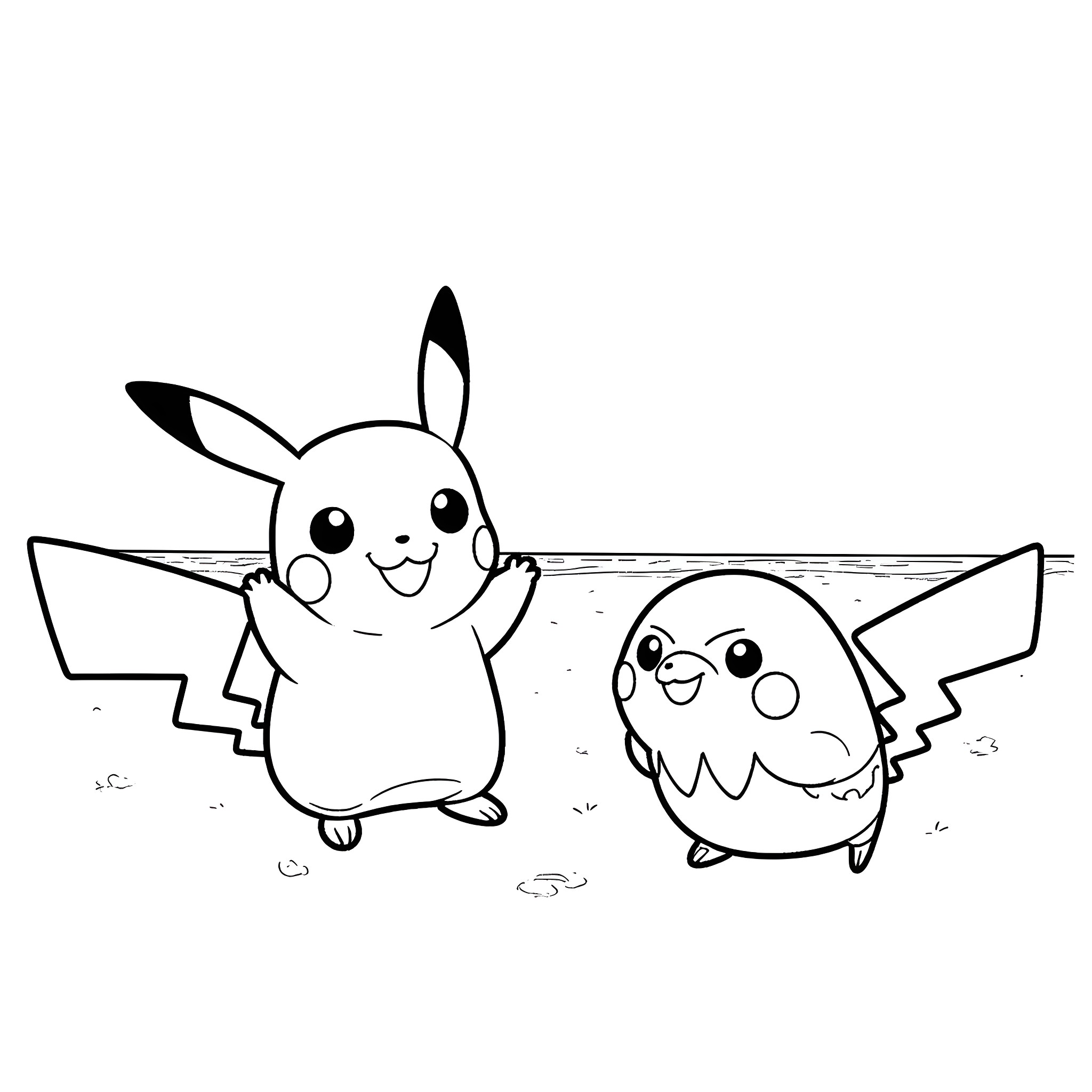 Pokémon characters in a friendly pose Coloring Page (free black-and-white line drawing printable PDF for all, from beginners to advanced learners, including children, teens, adults, and seniors)