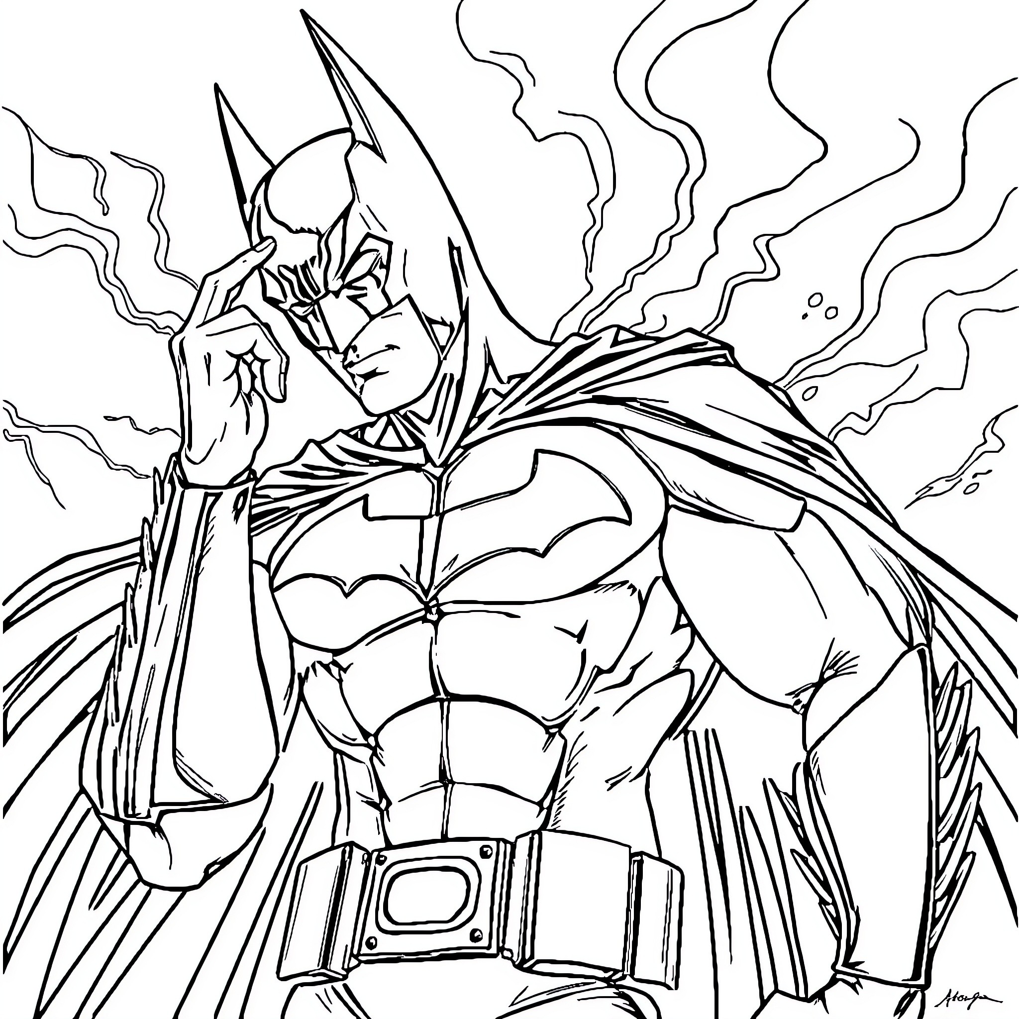 Batman in a fierce battle stance Coloring Page (free black-and-white line drawing printable PDF for all, from beginners to advanced learners, including children, teens, adults, and seniors)