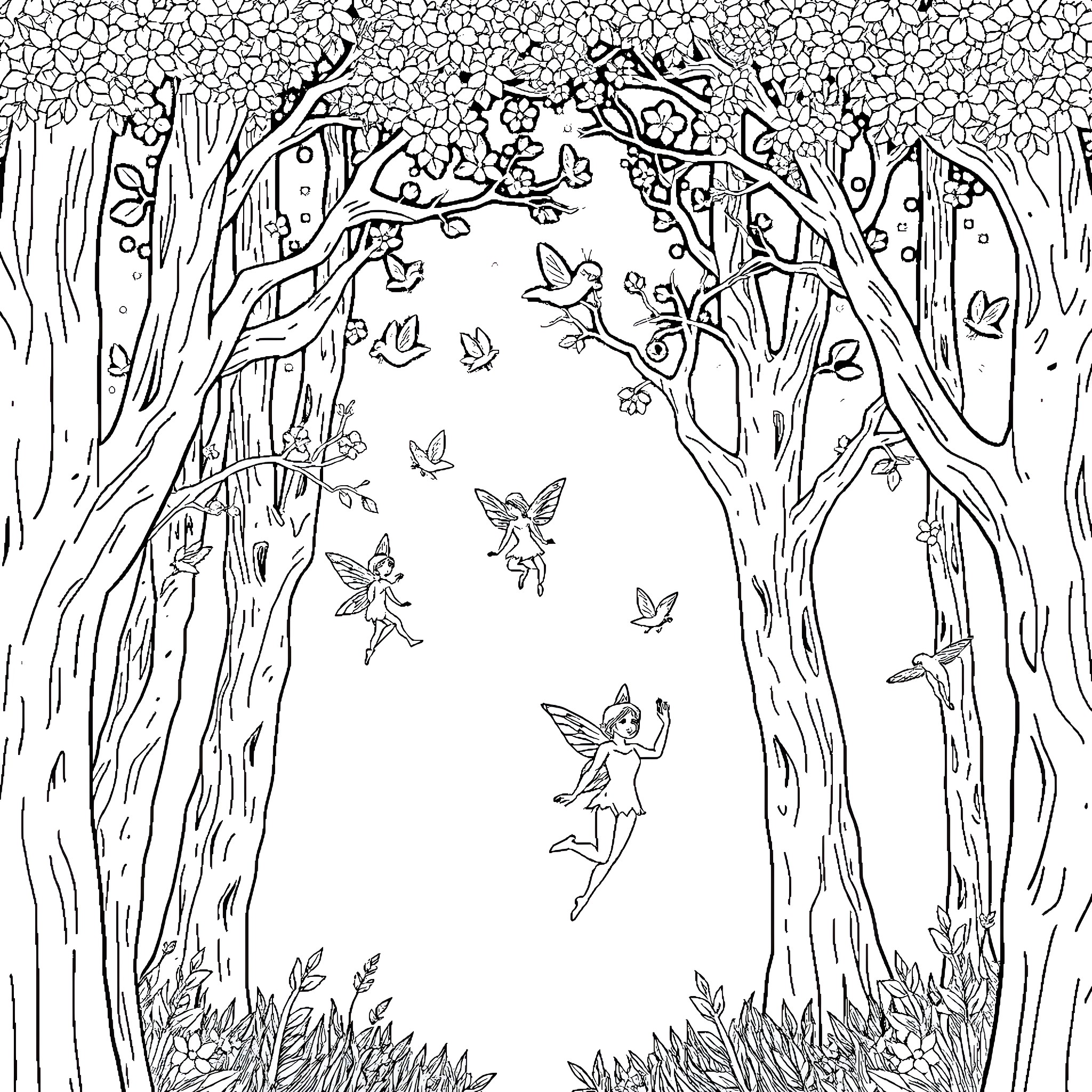 Fairy forest with flying creatures and nature Coloring Page (free black-and-white line drawing printable PDF for all, from beginners to advanced learners, including children, teens, adults, and seniors)