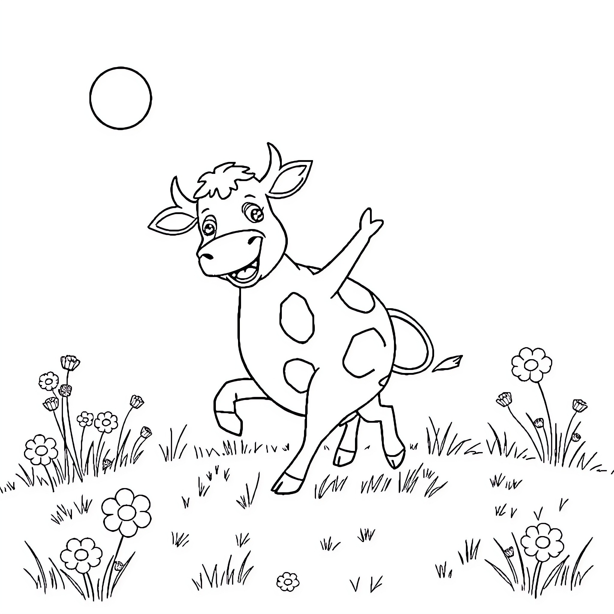 Cow enjoying a sunny day in the meadow Coloring Page (free black-and-white line drawing printable PDF for all, from beginners to advanced learners, including children, teens, adults, and seniors)