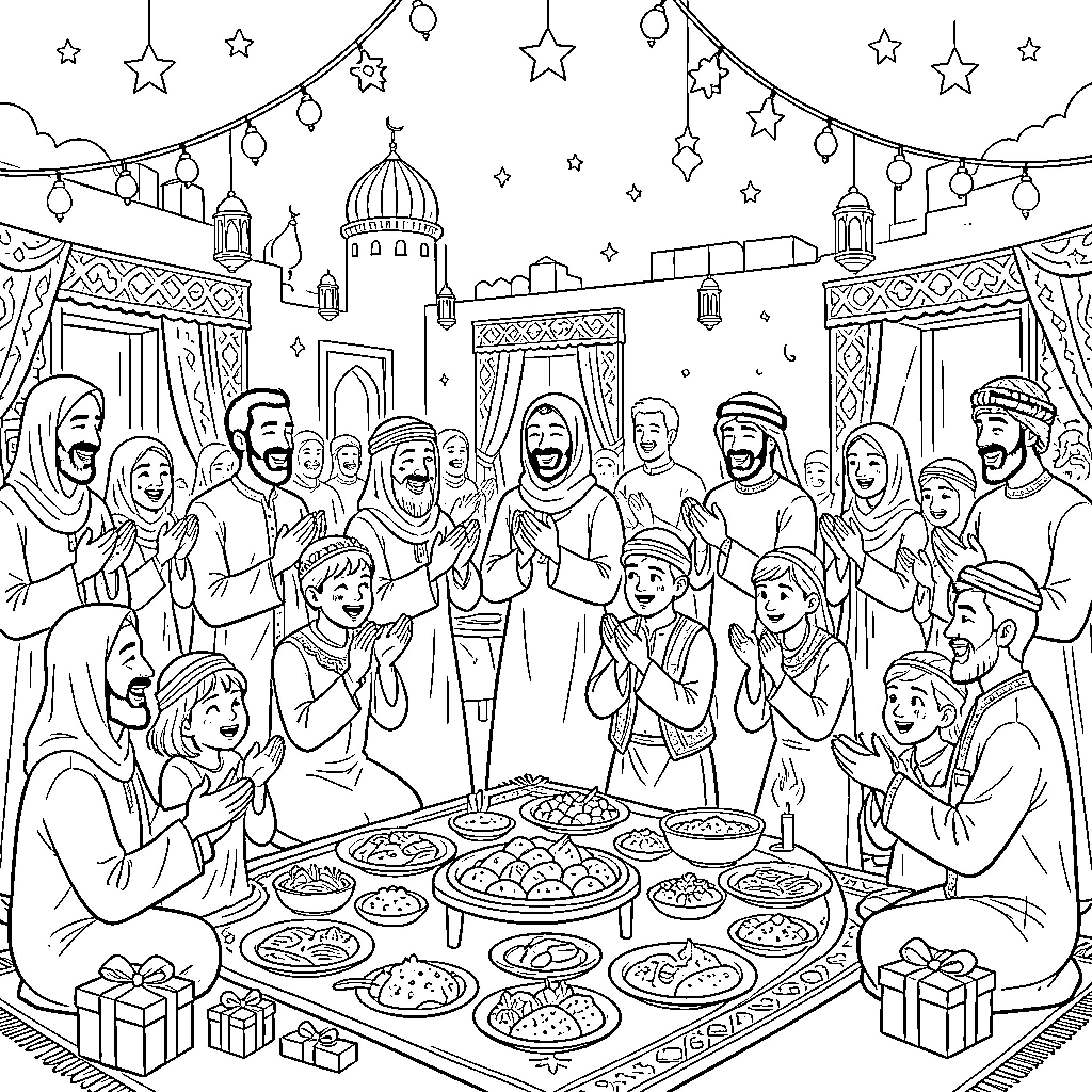 Eid al-Adha celebration with families sharing a festive meal Coloring Page (free black-and-white line drawing printable PDF for all, from beginners to advanced learners, including children, teens, adults, and seniors)