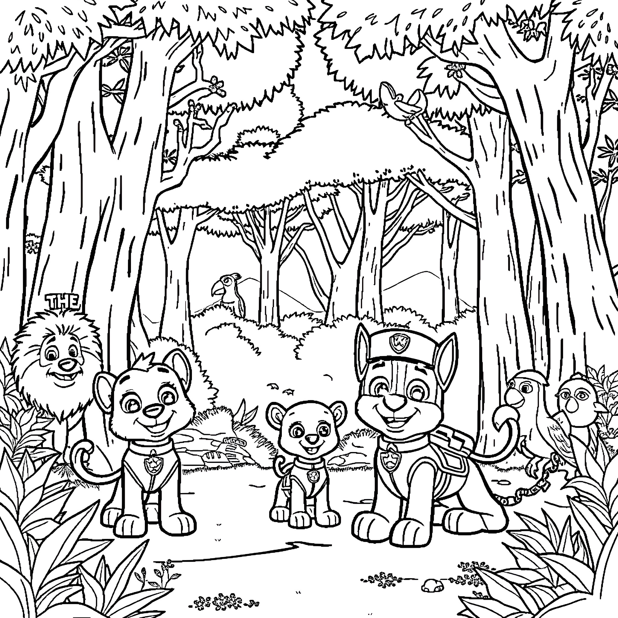 Paw Patrol characters exploring the forest Coloring Page (free black-and-white line drawing printable PDF for all, from beginners to advanced learners, including children, teens, adults, and seniors)