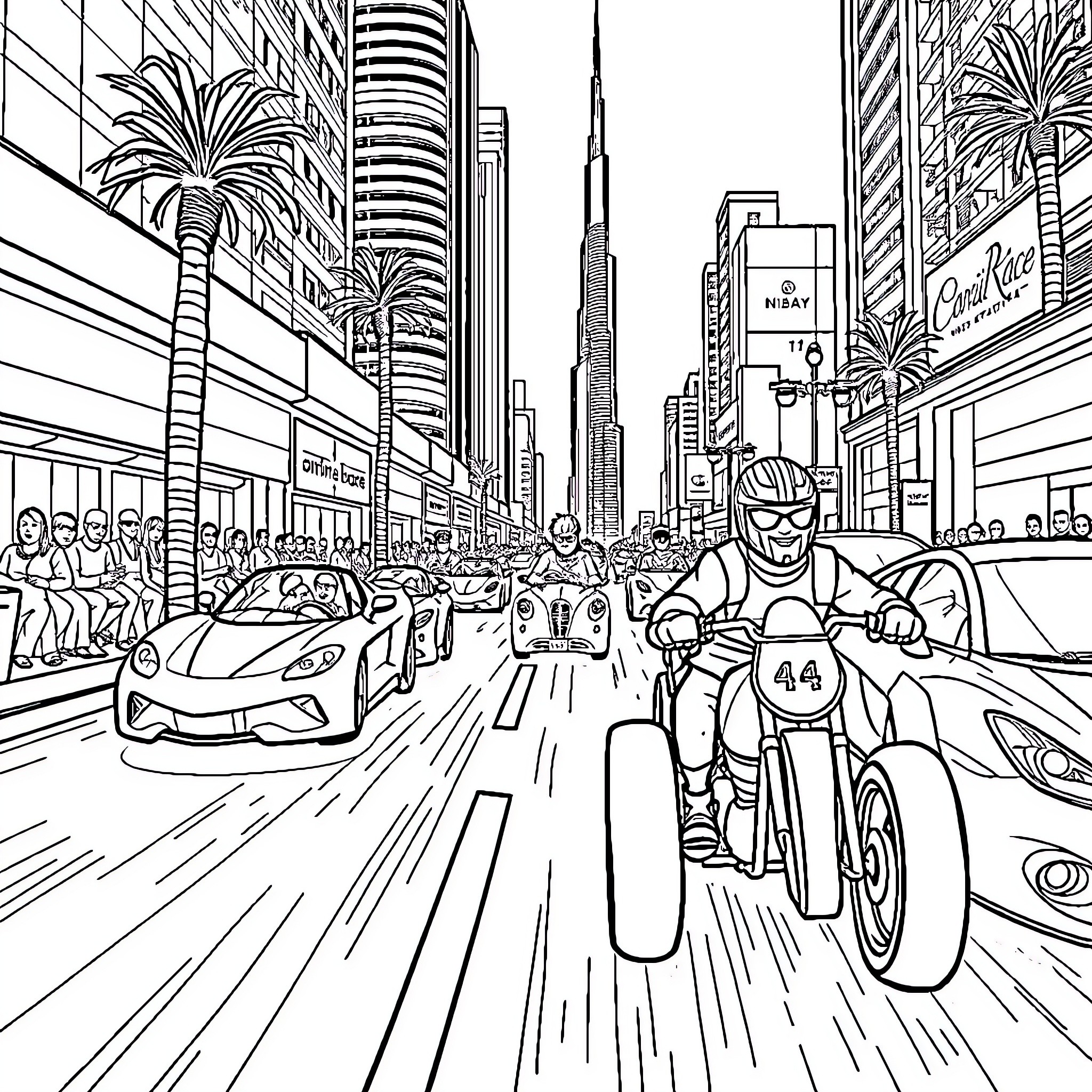 Wacky Race through Bustling City Landscape Coloring Page (free black-and-white line drawing printable PDF for all, from beginners to advanced learners, including children, teens, adults, and seniors)