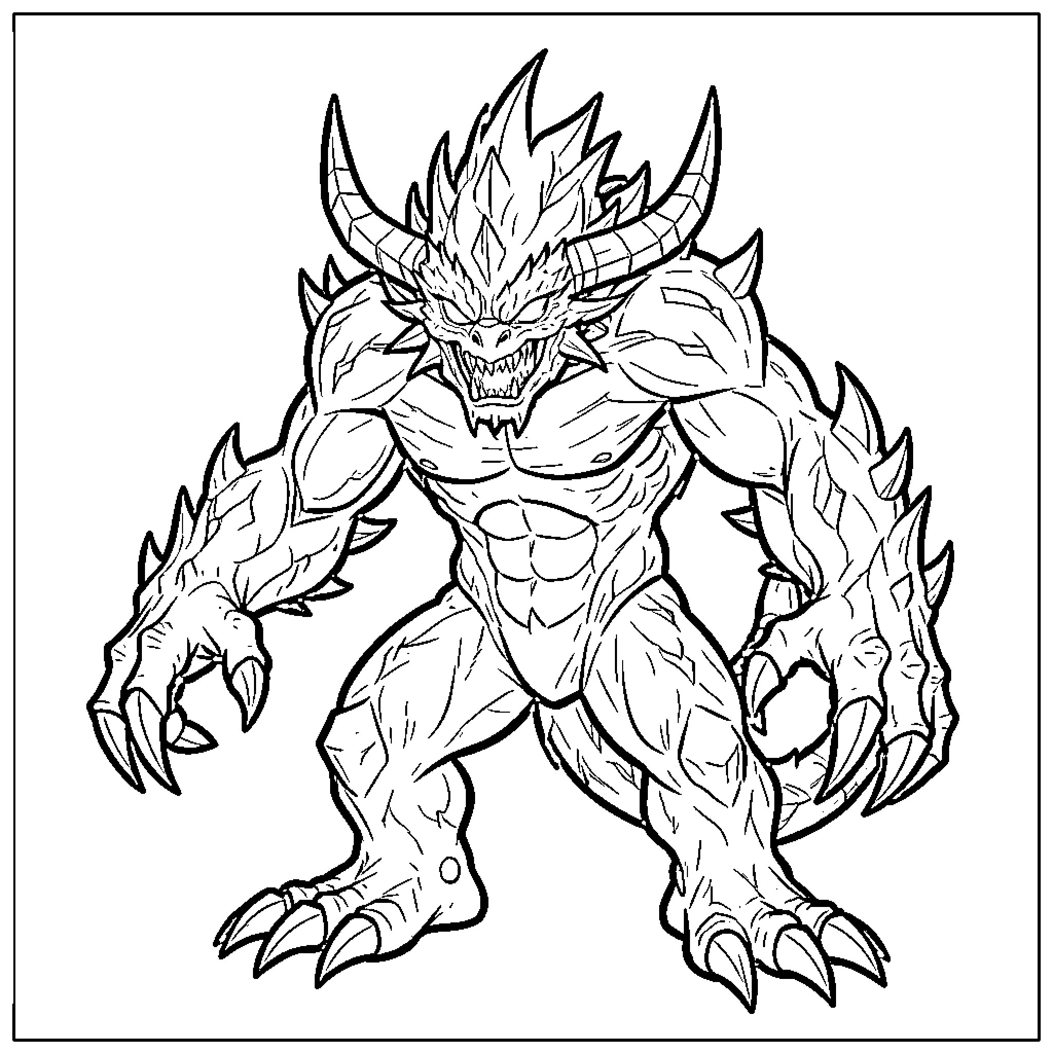 Monster Fierce and Ferocious Battle Stance Coloring Page (free black-and-white line drawing printable PDF for all, from beginners to advanced learners, including children, teens, adults, and seniors)