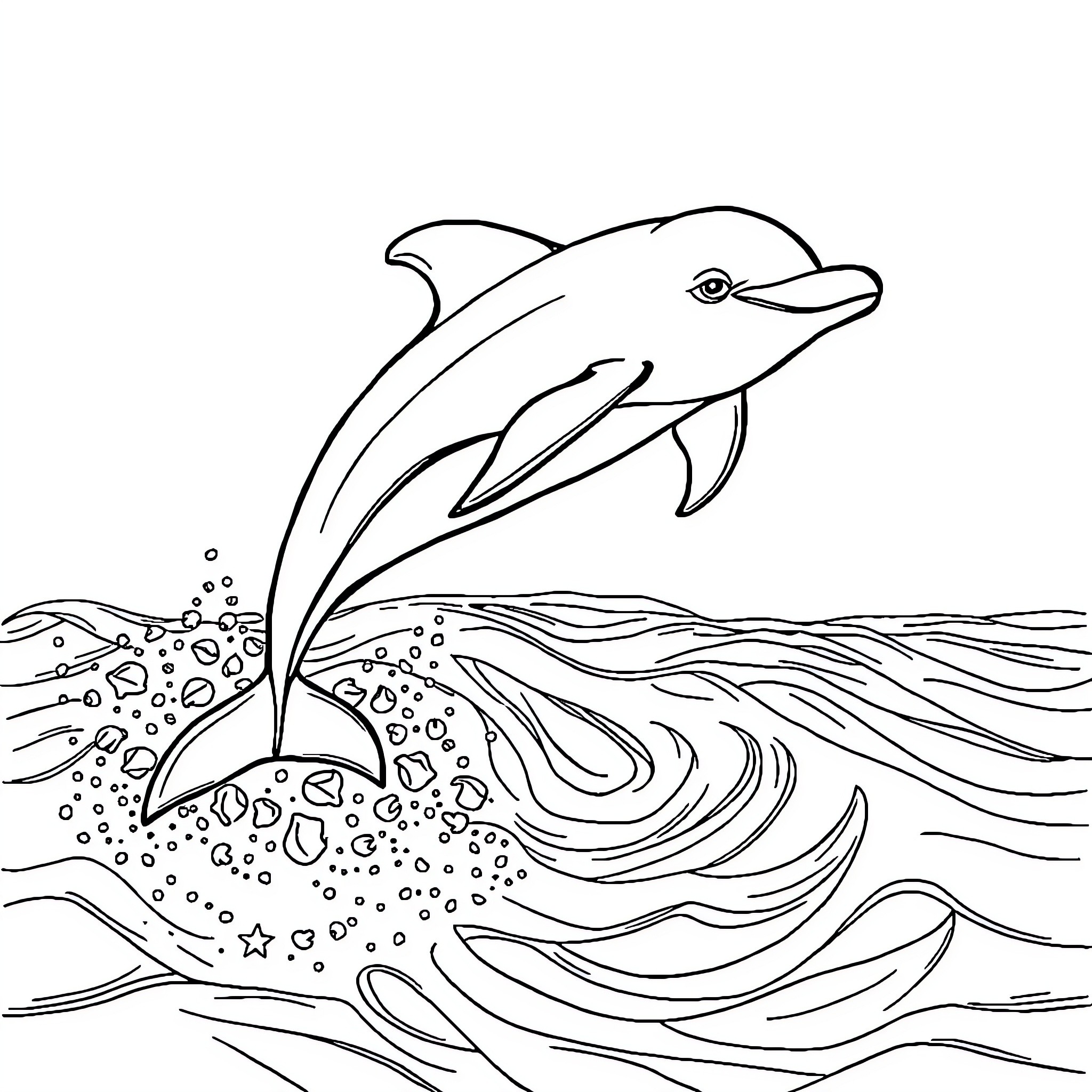 Dolphin leaping gracefully over ocean waves Coloring Page (free black-and-white line drawing printable PDF for all, from beginners to advanced learners, including children, teens, adults, and seniors)