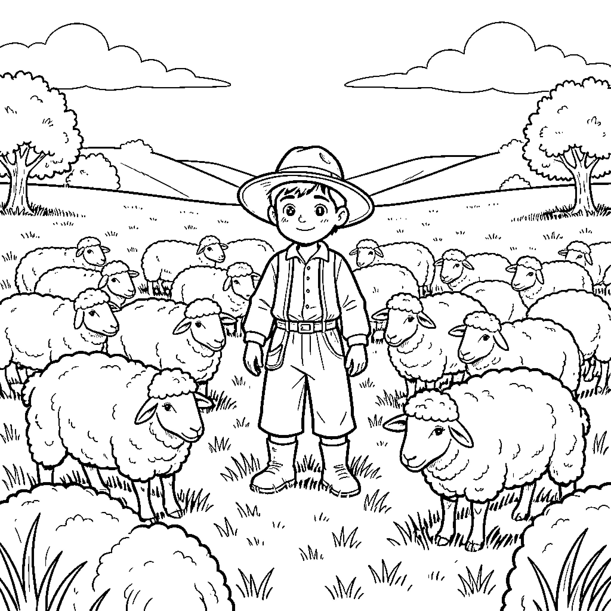 Shepherd standing proudly among a flock of sheep Coloring Page (free black-and-white line drawing printable PDF for all, from beginners to advanced learners, including children, teens, adults, and seniors)
