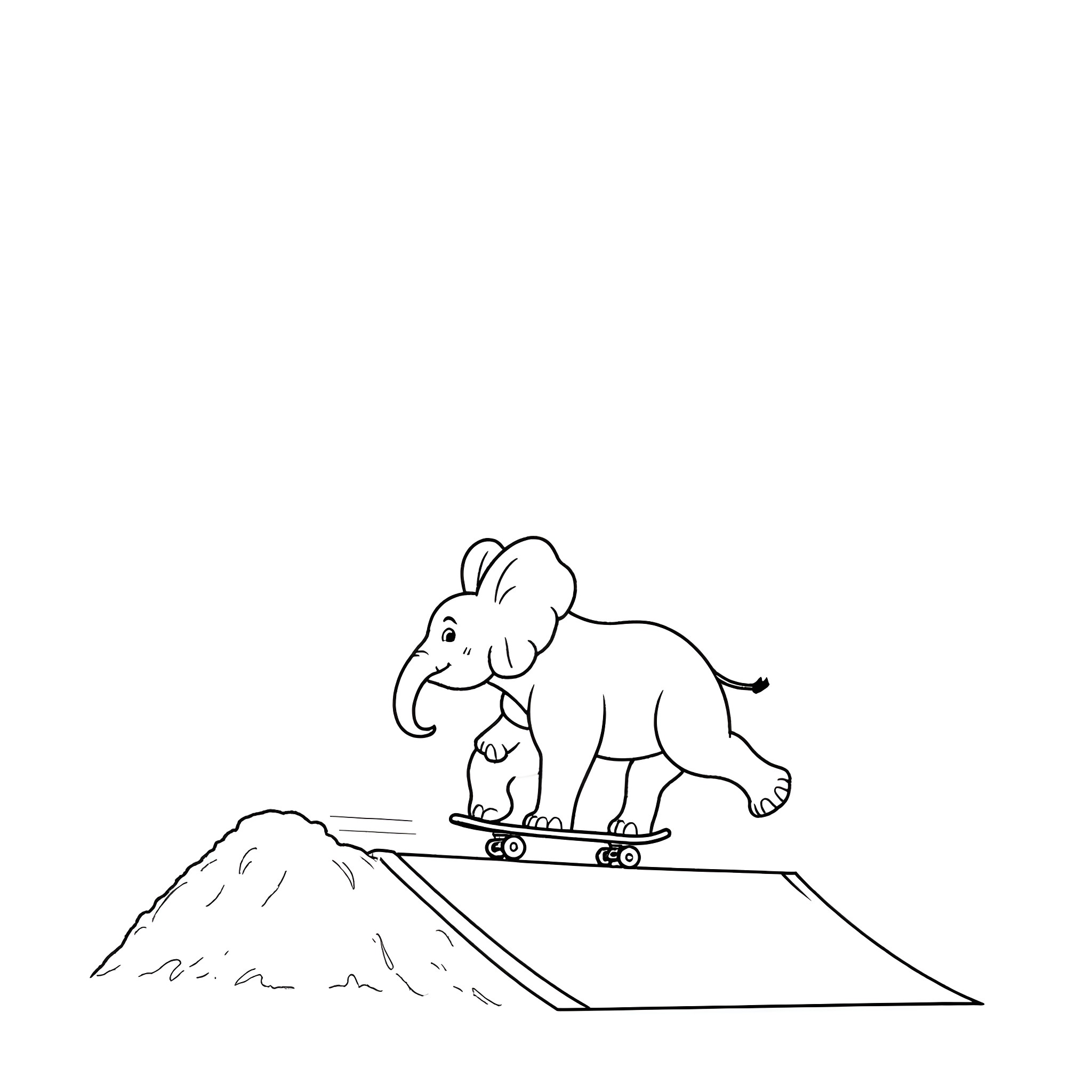 Elephant riding a skateboard down a ramp Coloring Page (free black-and-white line drawing printable PDF for all, from beginners to advanced learners, including children, teens, adults, and seniors)