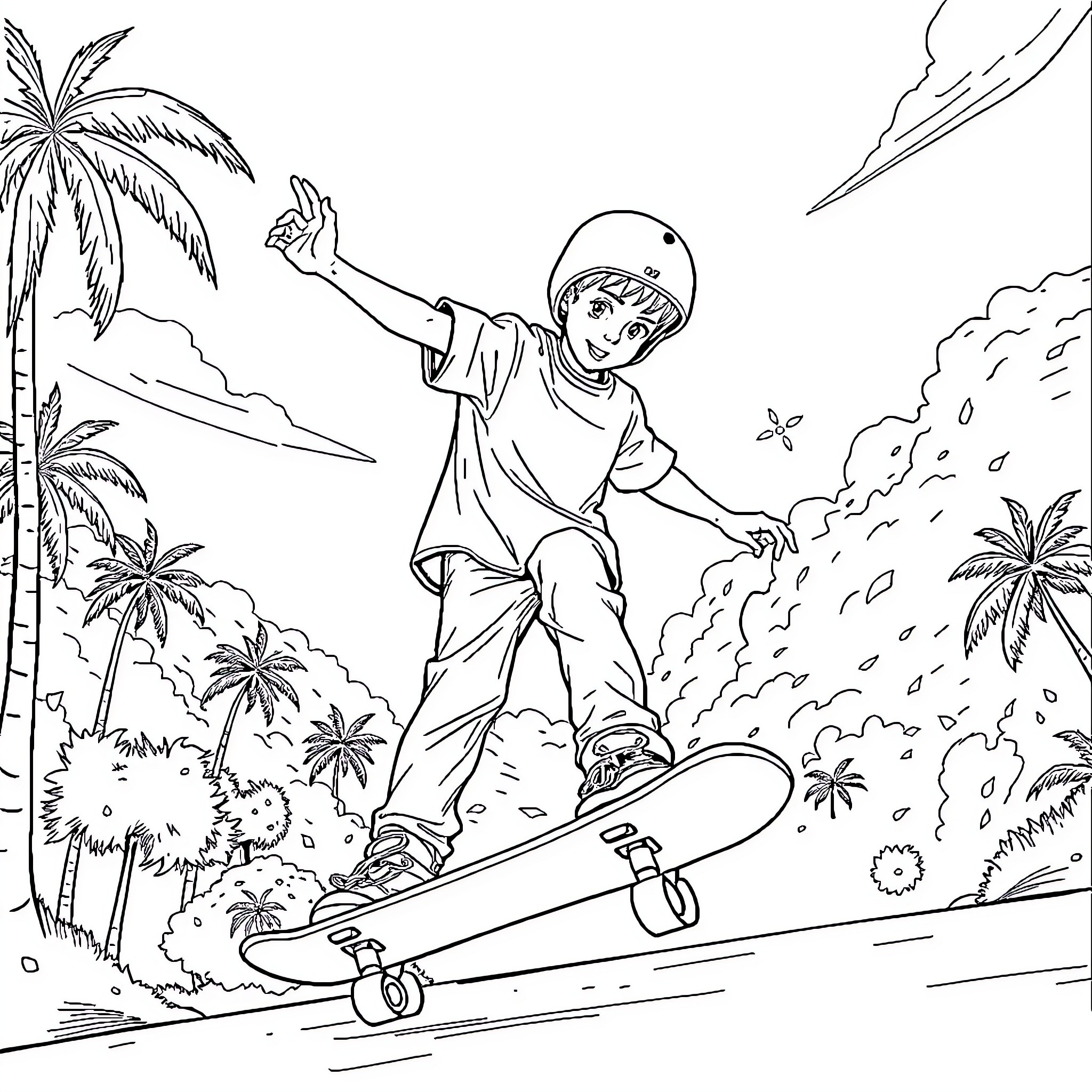 Skateboard extreme tricks in tropical paradise Coloring Page (free black-and-white line drawing printable PDF for all, from beginners to advanced learners, including children, teens, adults, and seniors)