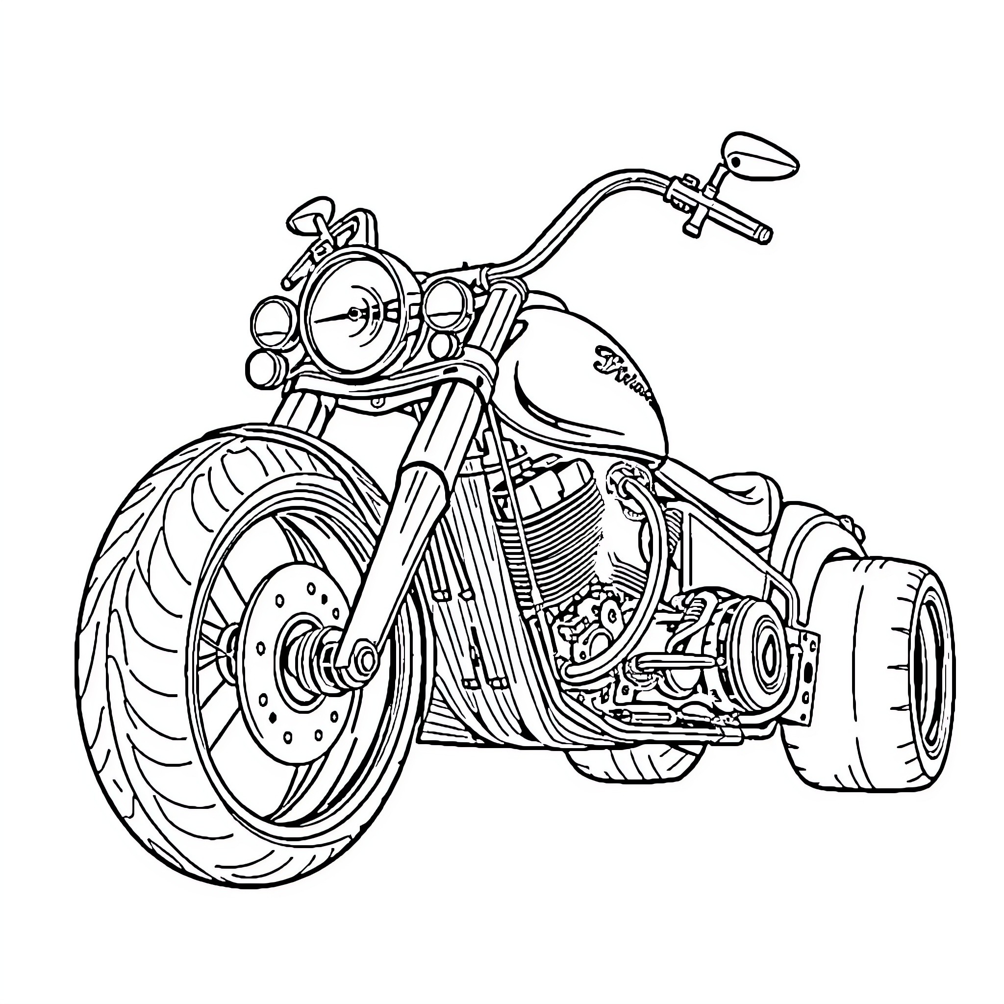 Motorcycle with distinctive engine and tires Coloring Page (free black-and-white line drawing printable PDF for all, from beginners to advanced learners, including children, teens, adults, and seniors)