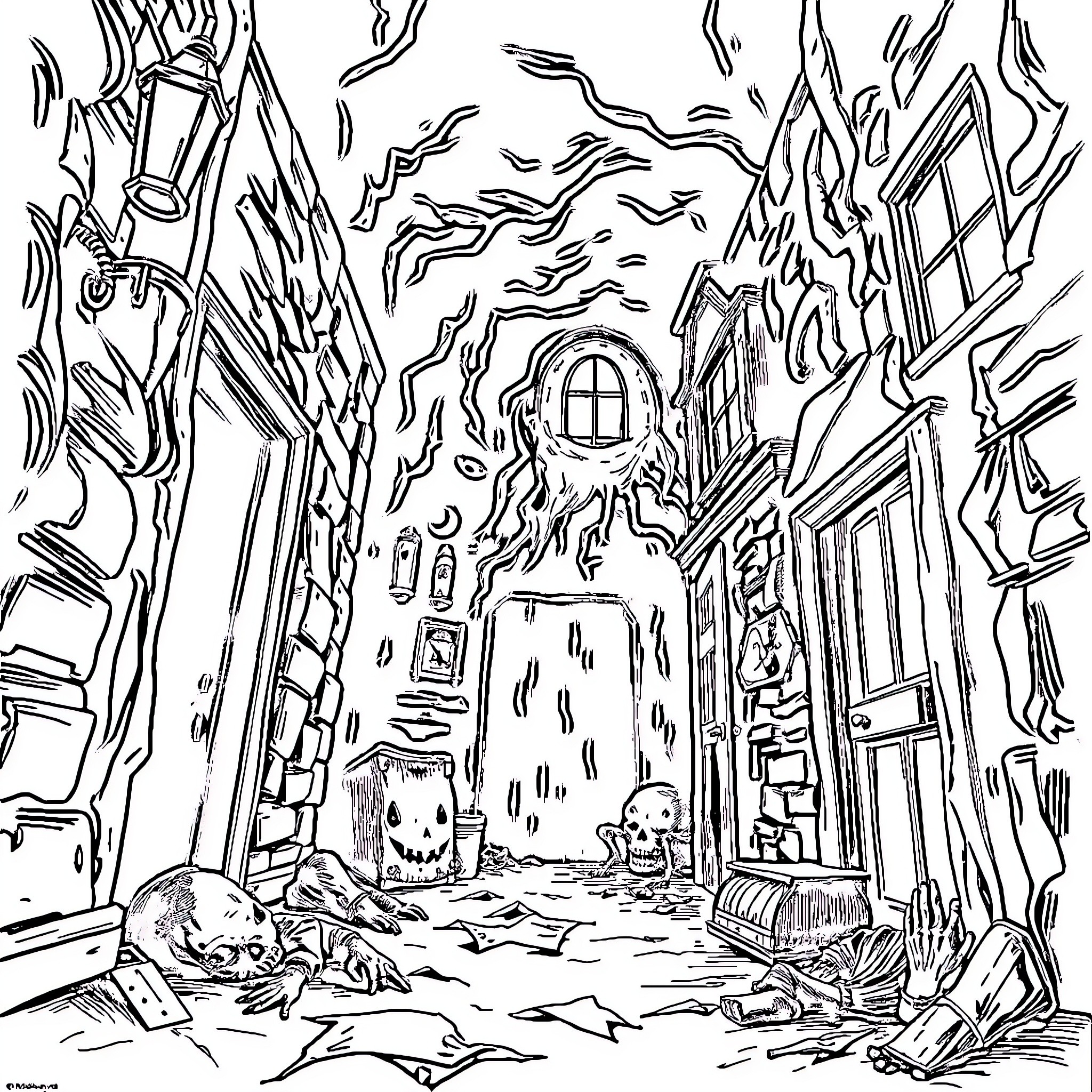 Horror Movie Haunted Mansion Hallway of Horrors Coloring Page (free black-and-white line drawing printable PDF for all, from beginners to advanced learners, including children, teens, adults, and seniors)