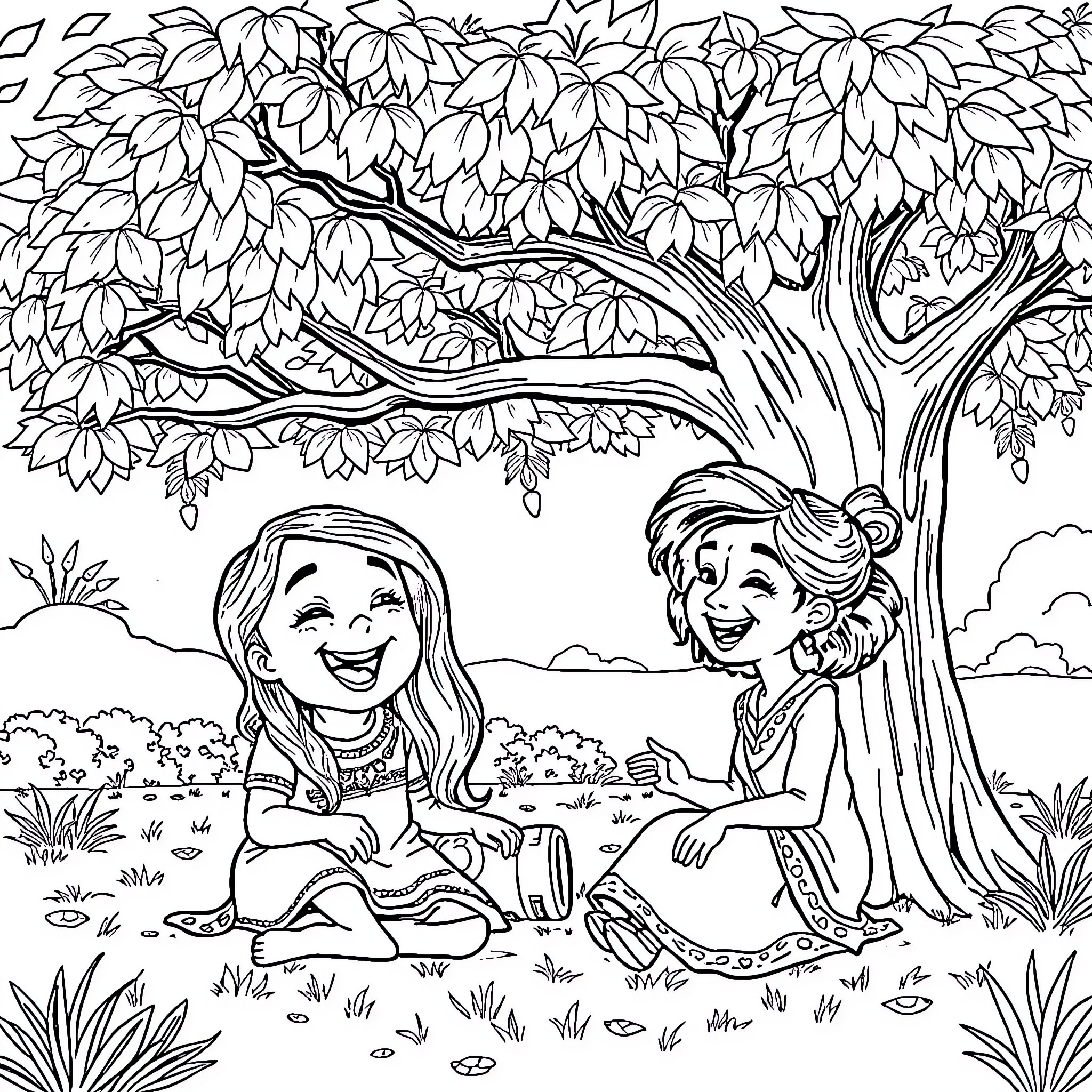 Marsha and her friend enjoy a peaceful moment in nature Coloring Page (free black-and-white line drawing printable PDF for all, from beginners to advanced learners, including children, teens, adults, and seniors)