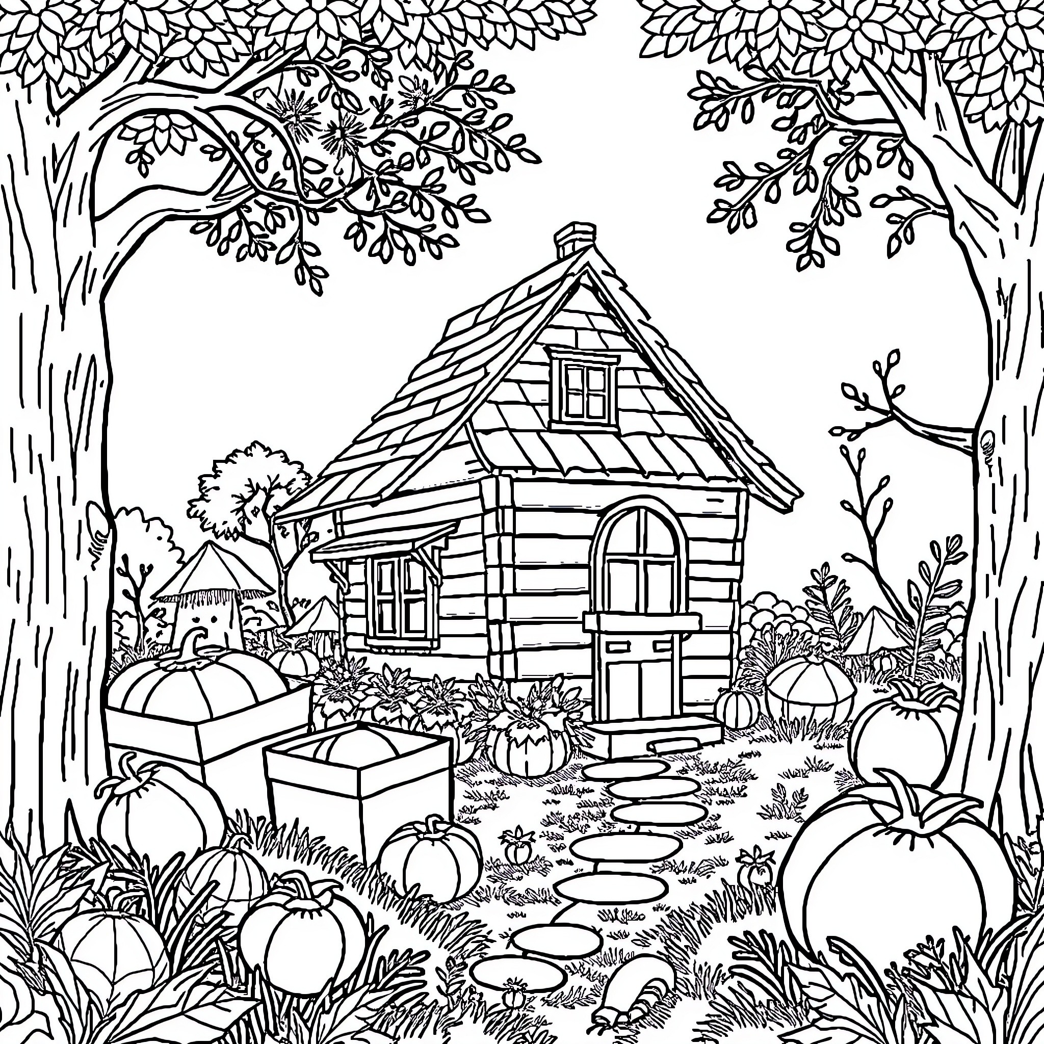 Dollhouse in a Whimsical Forest Landscape Coloring Page (free black-and-white line drawing printable PDF for all, from beginners to advanced learners, including children, teens, adults, and seniors)