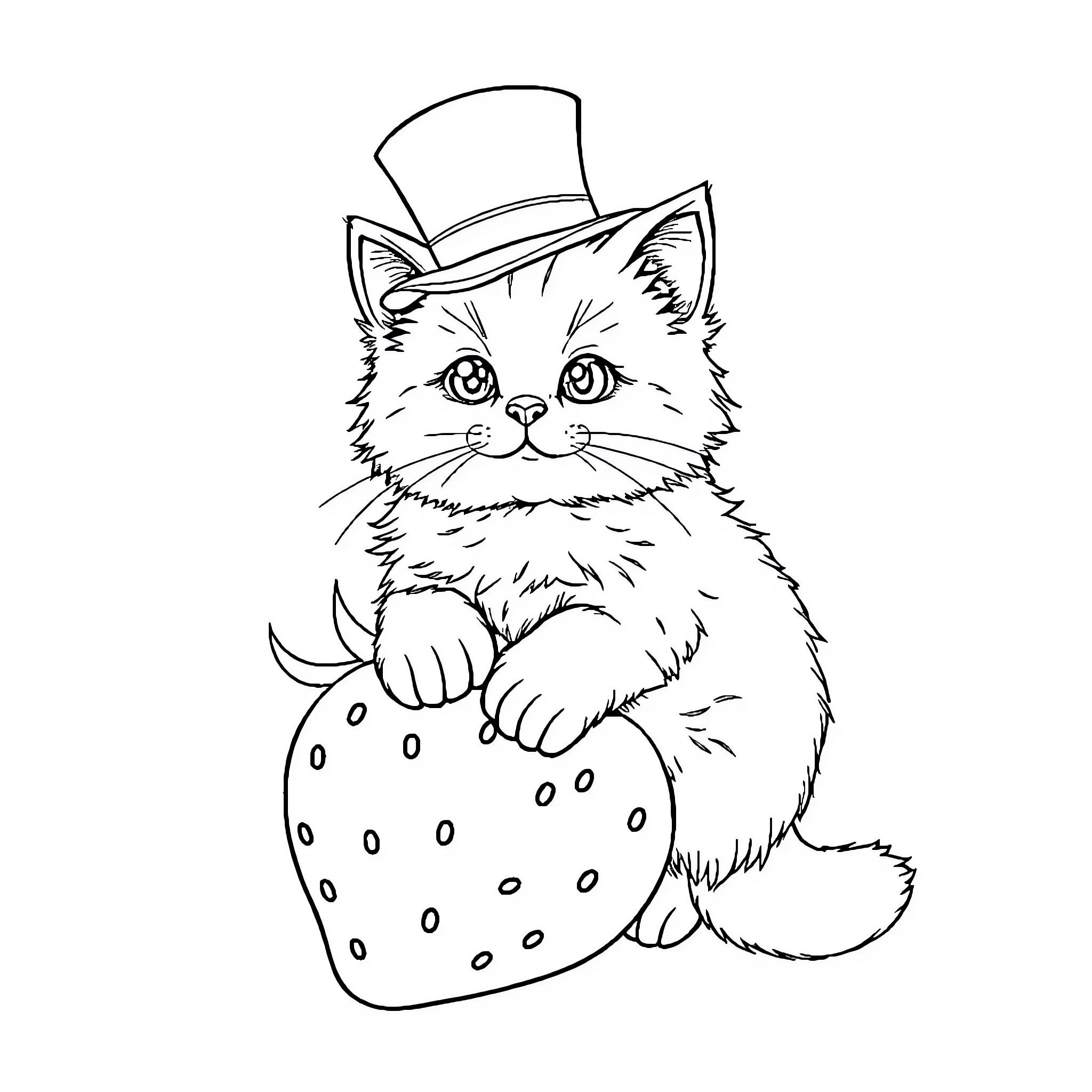Cat in a Top Hat with Polka Dot Bow Tie Coloring Page (free black-and-white line drawing printable PDF for all, from beginners to advanced learners, including children, teens, adults, and seniors)