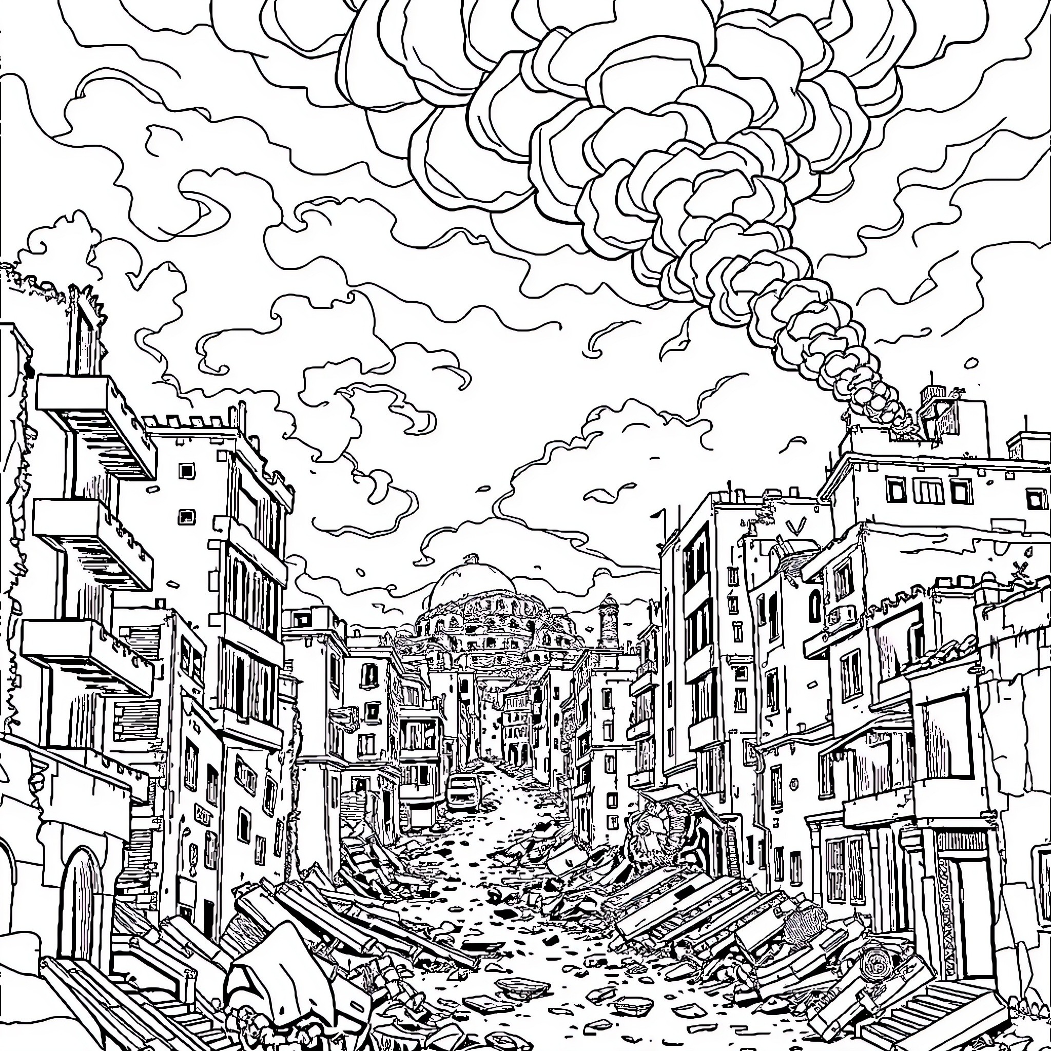 Iran cityscape amid smoke and destruction Coloring Page (free black-and-white line drawing printable PDF for all, from beginners to advanced learners, including children, teens, adults, and seniors)