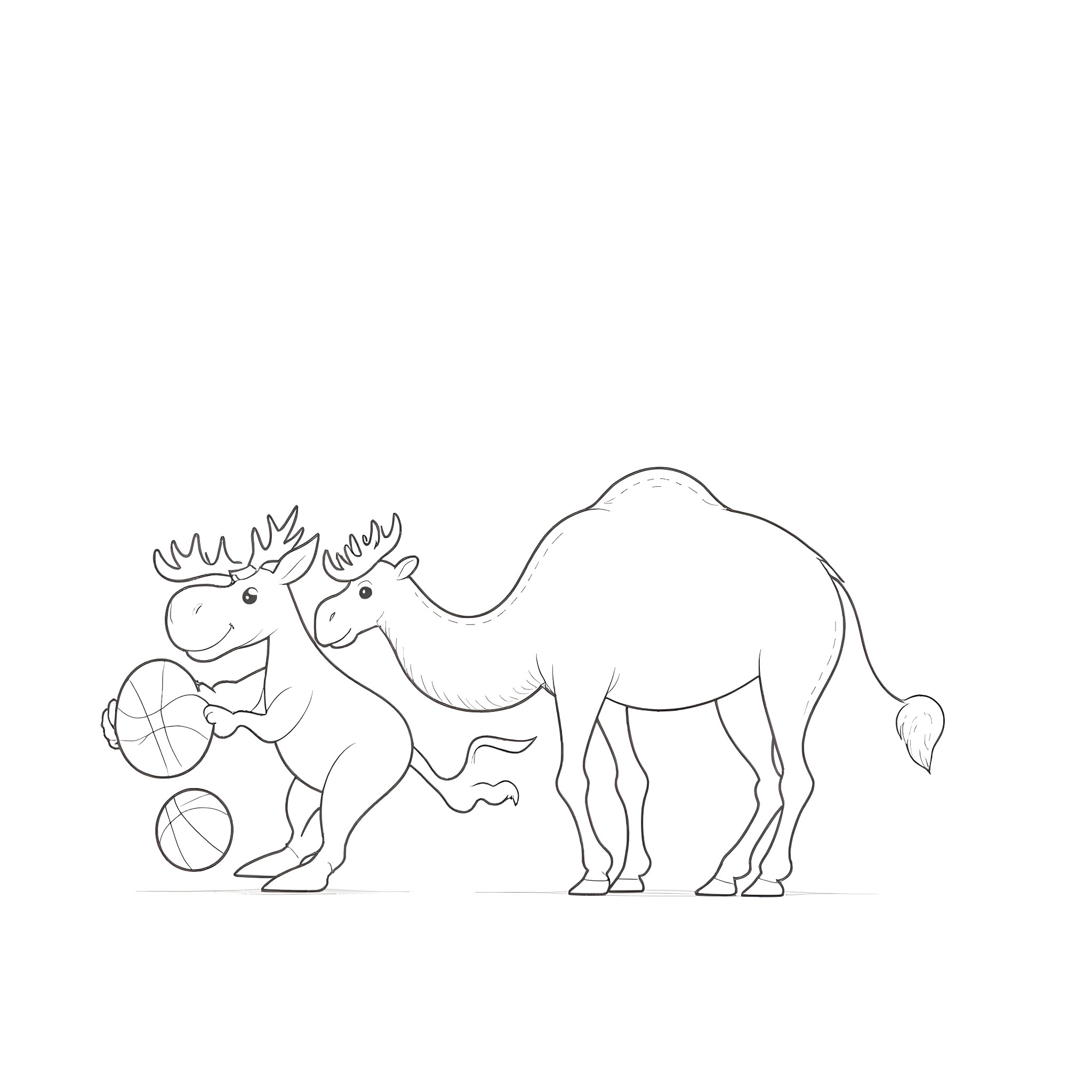 Moose-like creatures playing with ball Coloring Page (free black-and-white line drawing printable PDF for all, from beginners to advanced learners, including children, teens, adults, and seniors)