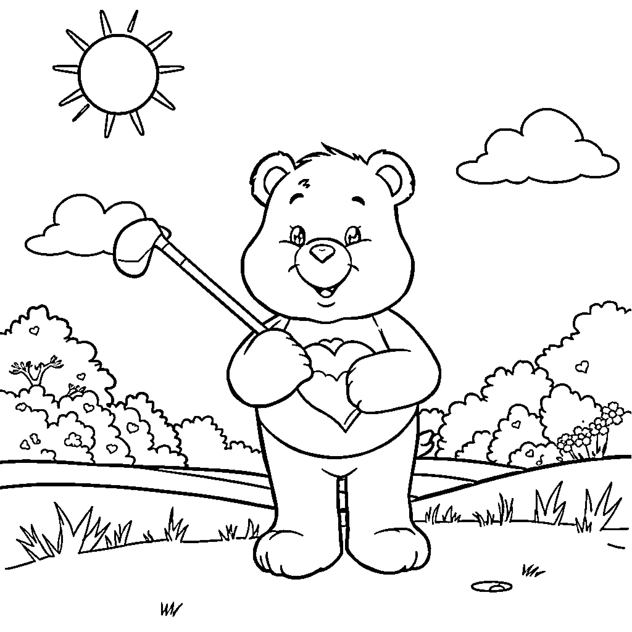 Care Bear enjoying nature in the great outdoors Coloring Page (free black-and-white line drawing printable PDF for all, from beginners to advanced learners, including children, teens, adults, and seniors)