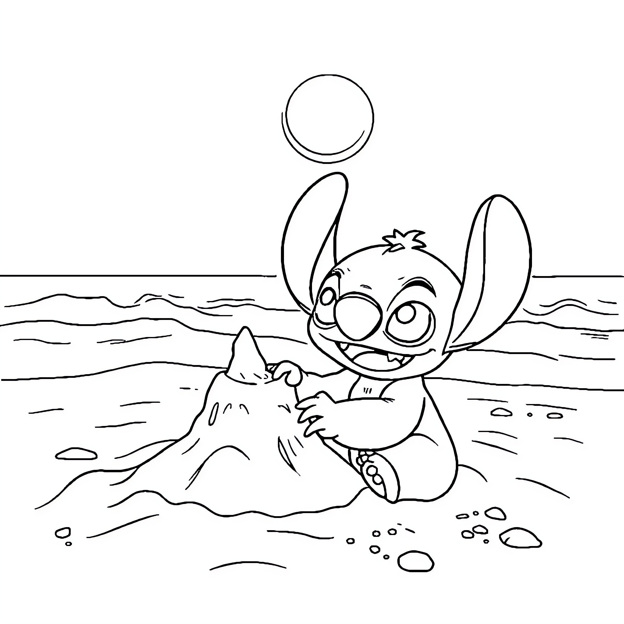 Stitch enjoying a day at the beach Coloring Page (free black-and-white line drawing printable PDF for all, from beginners to advanced learners, including children, teens, adults, and seniors)