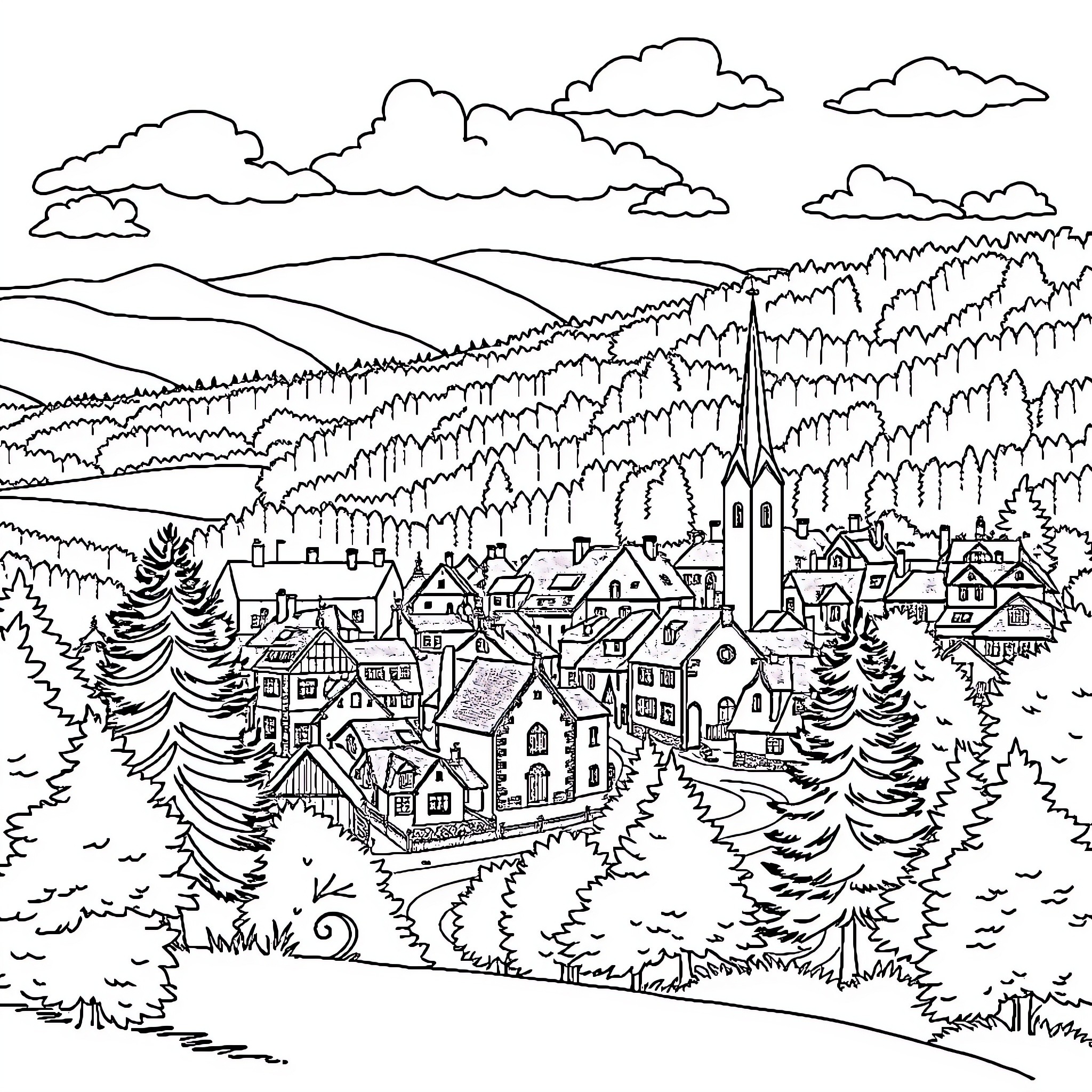 Birkenau - Winter Scenery of Picturesque Village Coloring Page (free black-and-white line drawing printable PDF for all, from beginners to advanced learners, including children, teens, adults, and seniors)
