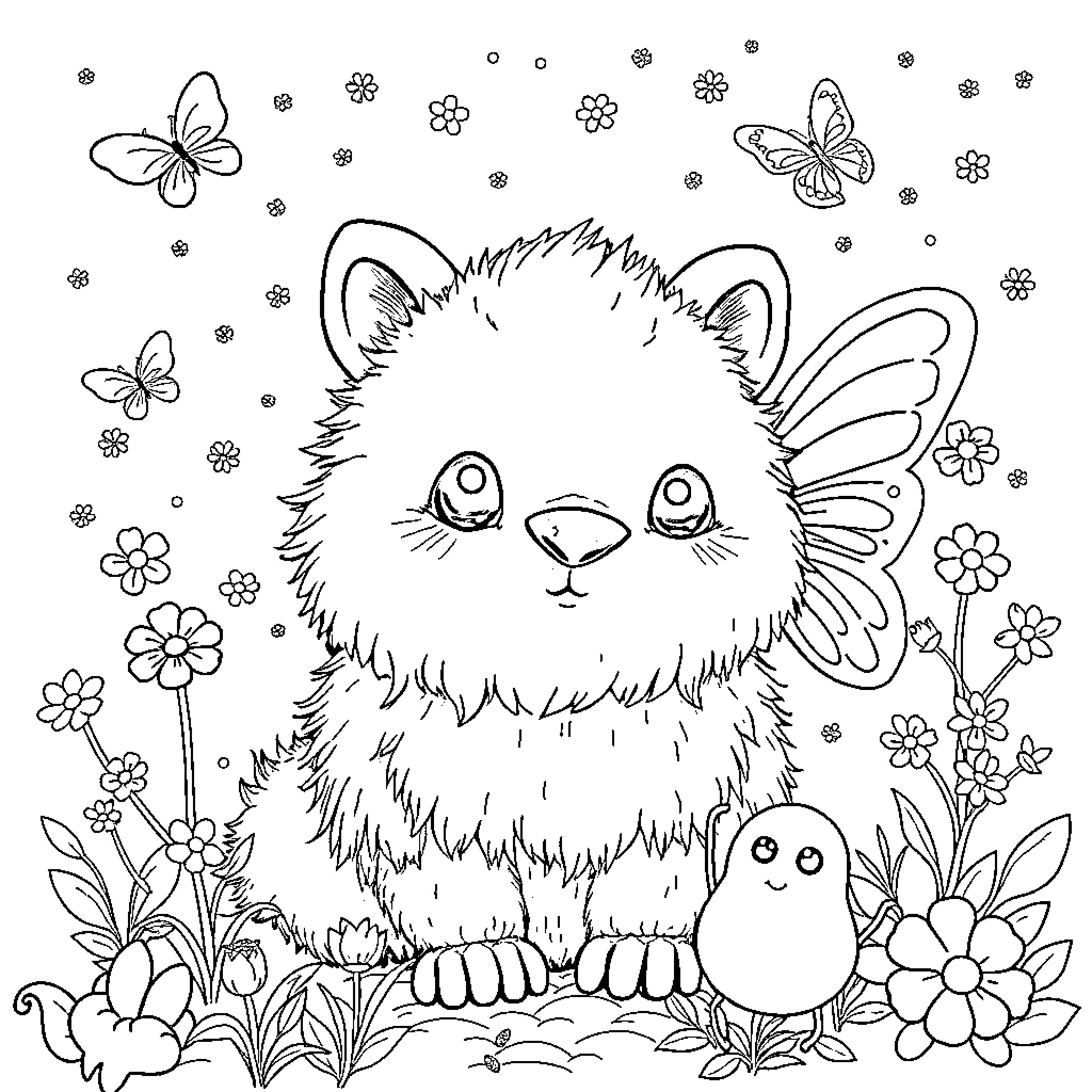 Creature surrounded by flowers and butterflies Coloring Page (free black-and-white line drawing printable PDF for all, from beginners to advanced learners, including children, teens, adults, and seniors)