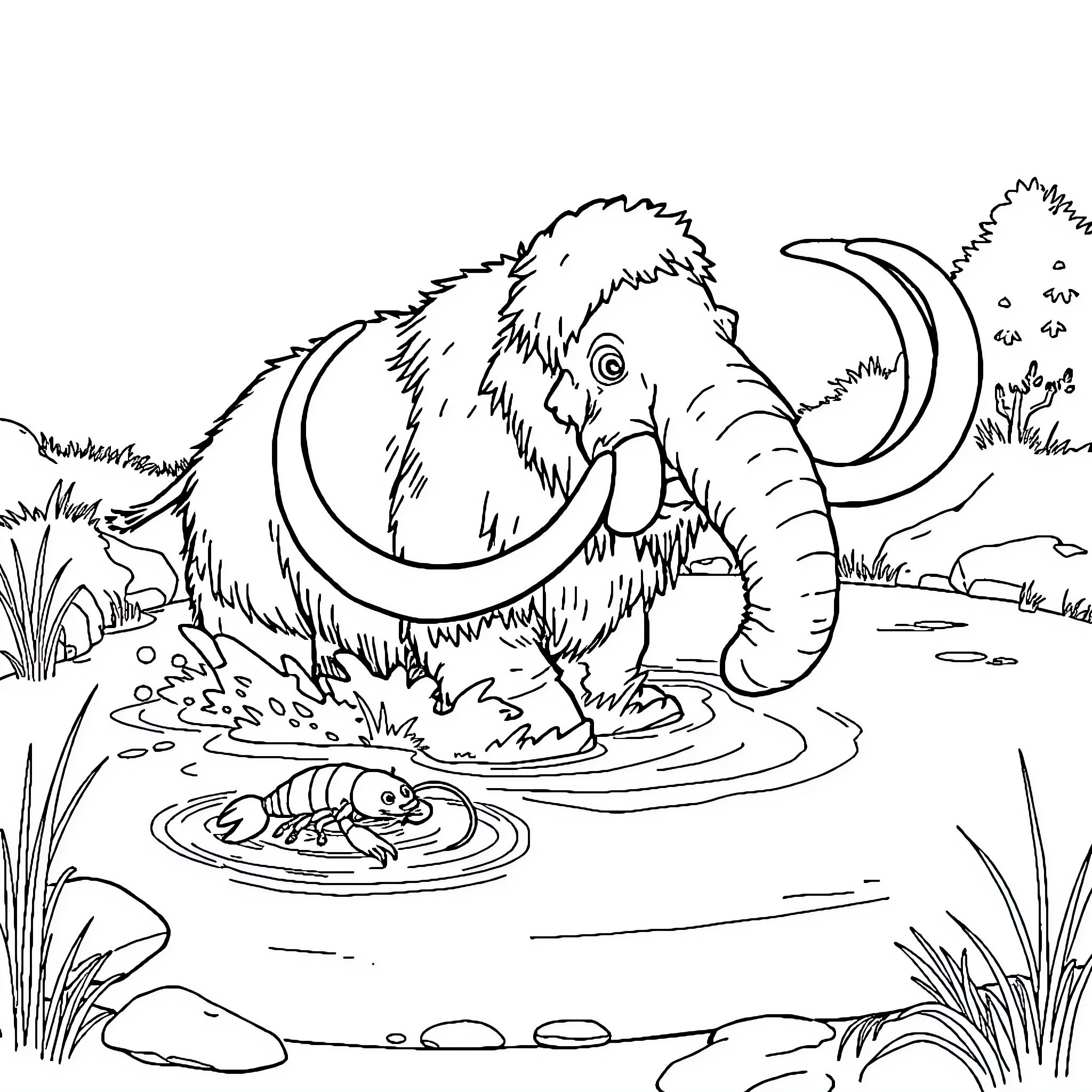 Woolly Mammoth Splashing in Watery Pond Coloring Page (free black-and-white line drawing printable PDF for all, from beginners to advanced learners, including children, teens, adults, and seniors)