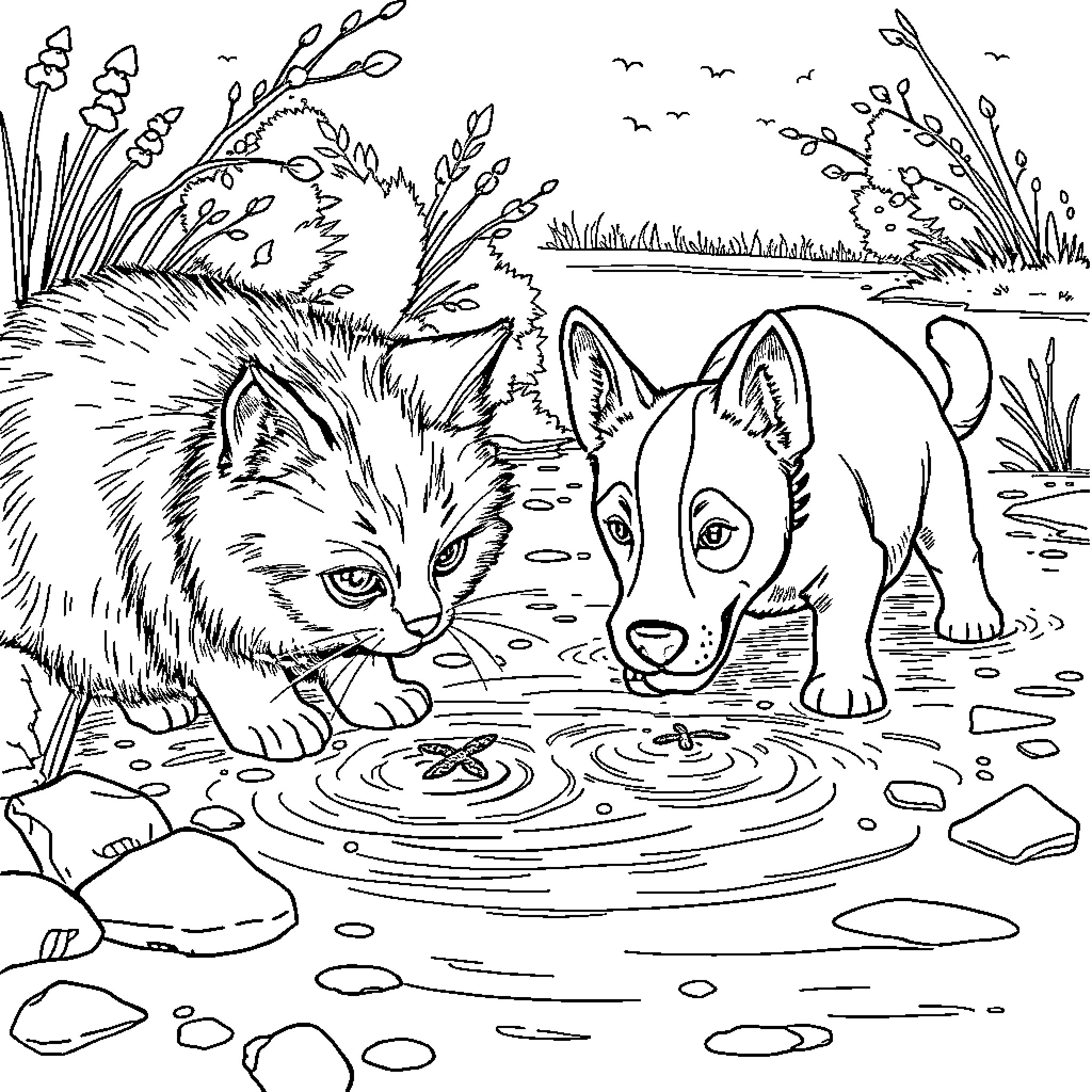 Cat and Dog Exploring Nature by a Pond Coloring Page (free black-and-white line drawing printable PDF for all, from beginners to advanced learners, including children, teens, adults, and seniors)