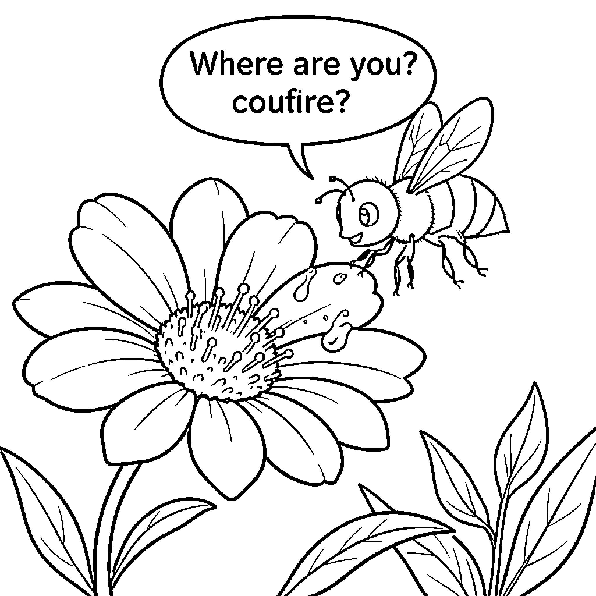 Bee asking curious question in nature Coloring Page (free black-and-white line drawing printable PDF for all, from beginners to advanced learners, including children, teens, adults, and seniors)