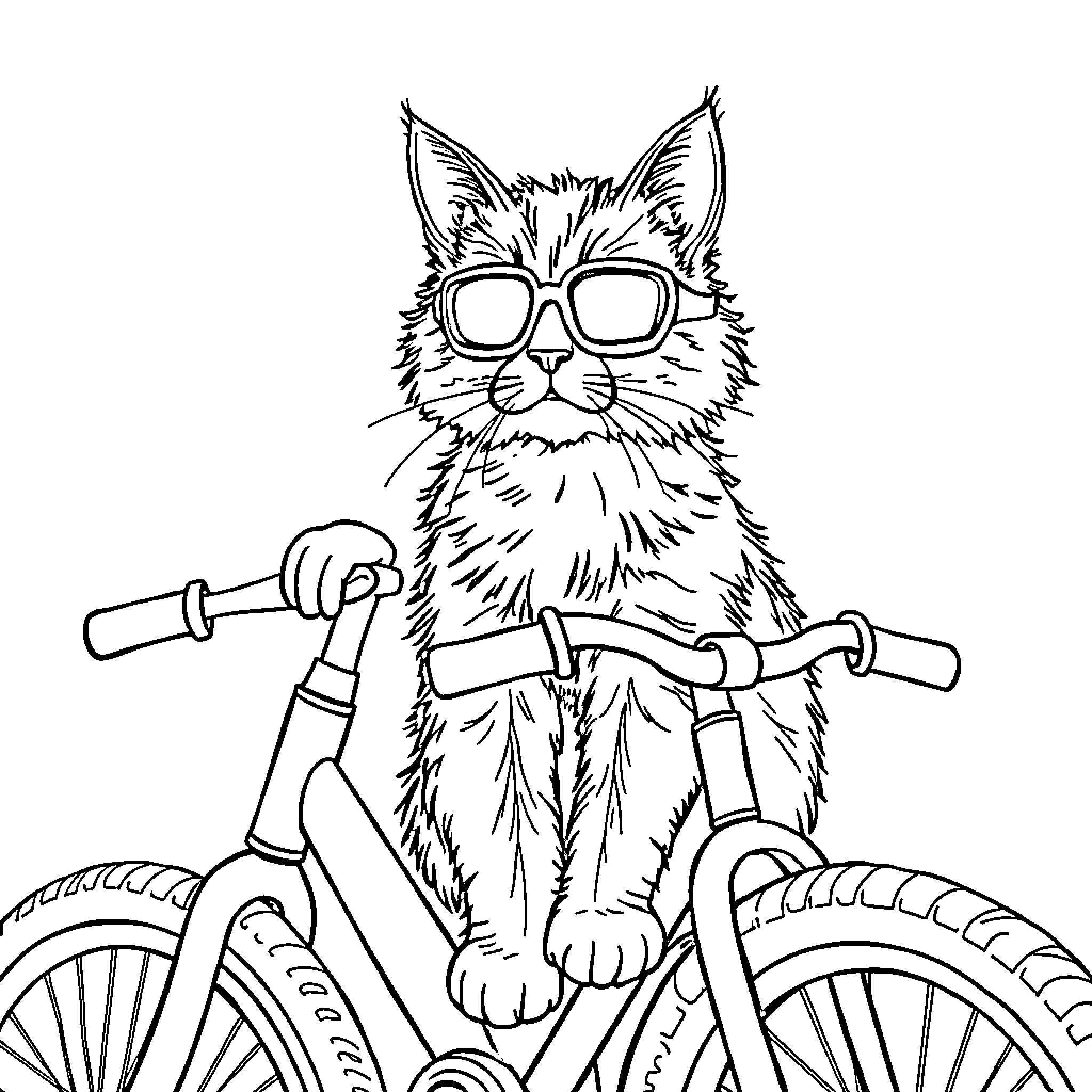 Cat riding a bicycle with cool sunglasses Coloring Page (free black-and-white line drawing printable PDF for all, from beginners to advanced learners, including children, teens, adults, and seniors)