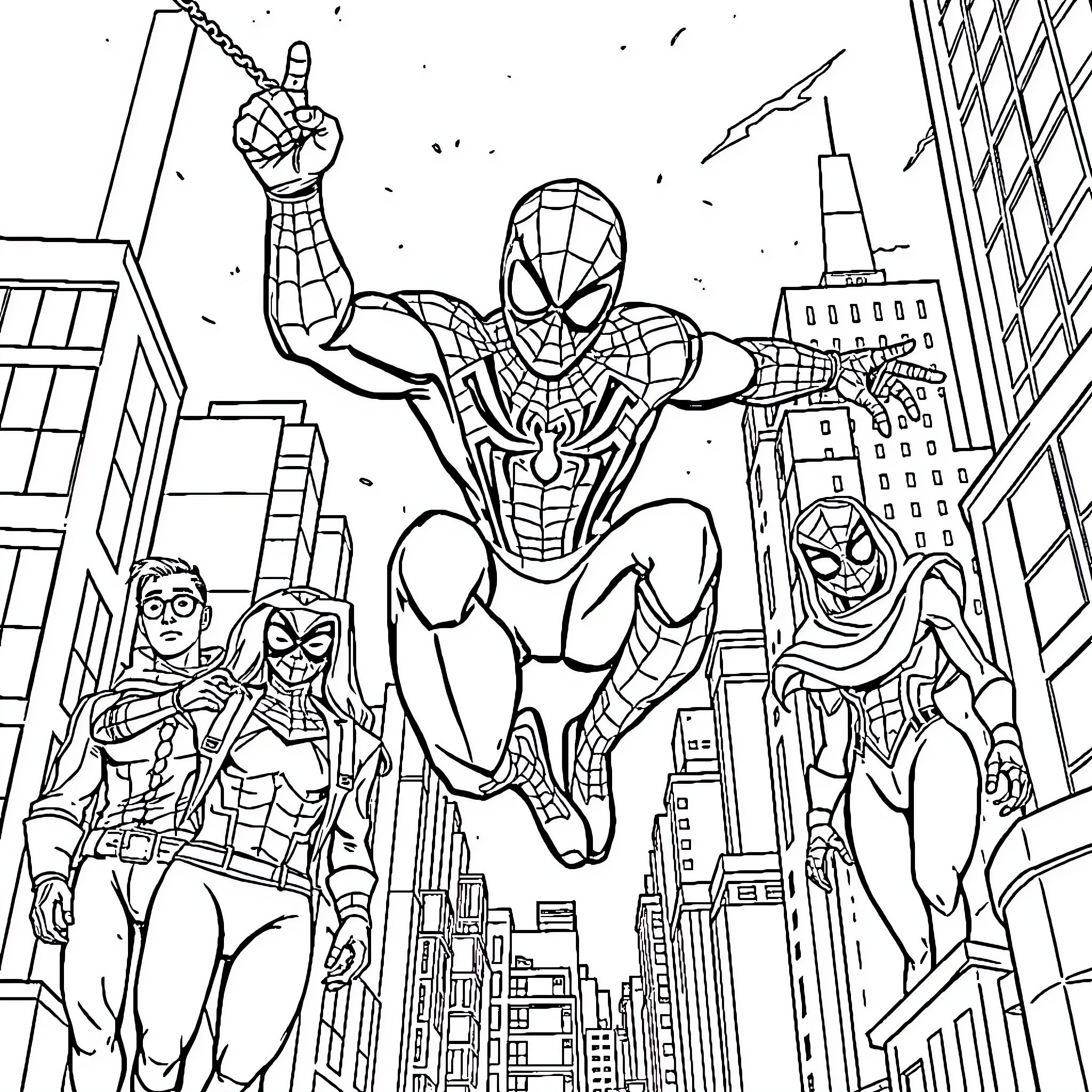 Spiderman swinging through the city with companions Coloring Page (free black-and-white line drawing printable PDF for all, from beginners to advanced learners, including children, teens, adults, and seniors)