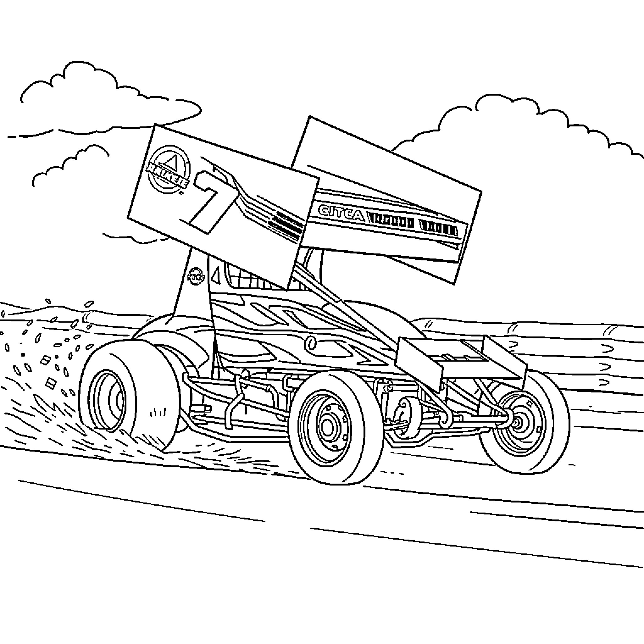 Sprint Car racing on the track Coloring Page (free black-and-white line drawing printable PDF for all, from beginners to advanced learners, including children, teens, adults, and seniors)