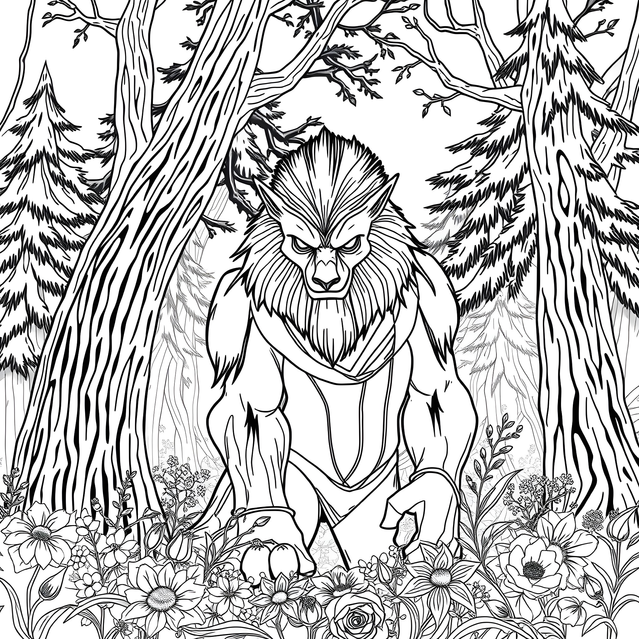 Beast roaring fiercely in the enchanted forest Coloring Page (free black-and-white line drawing printable PDF for all, from beginners to advanced learners, including children, teens, adults, and seniors)