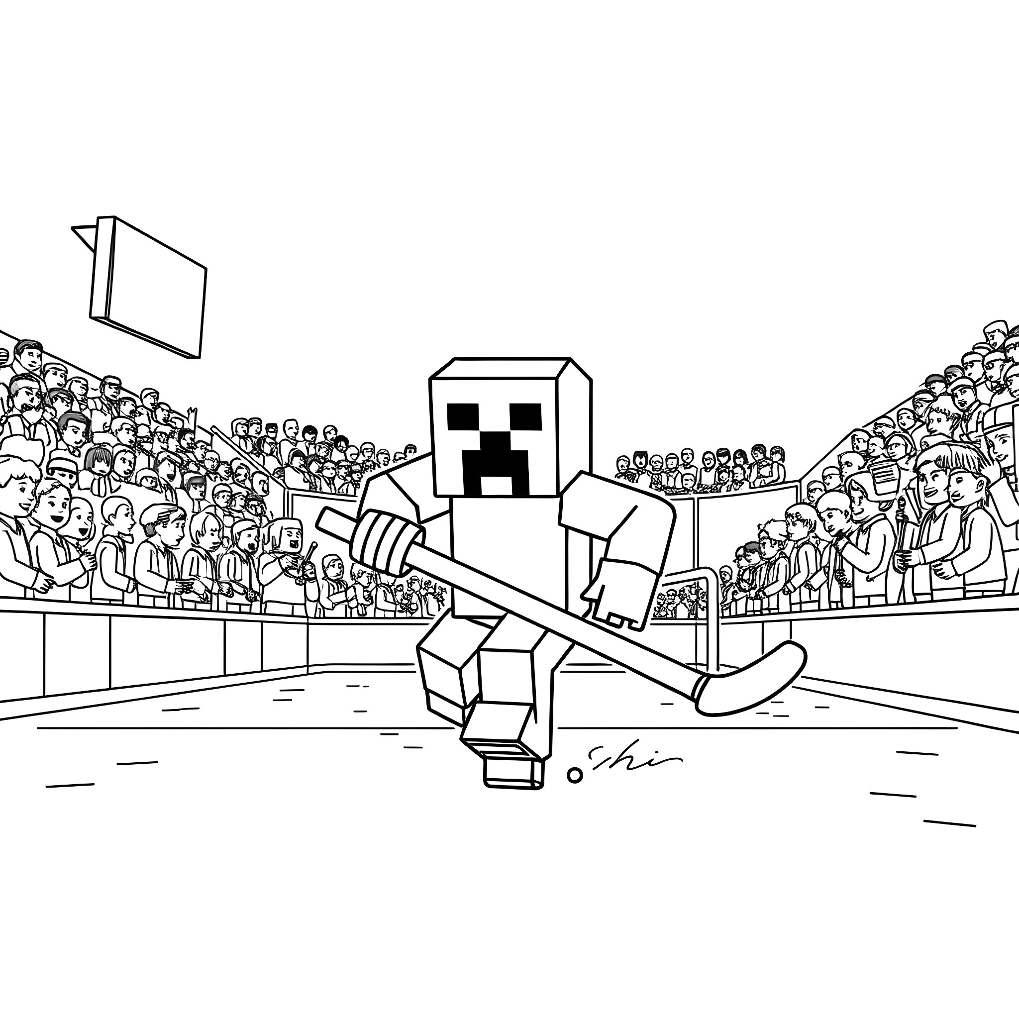 Creeper playing in the stadium Coloring Page (free black-and-white line drawing printable PDF for all, from beginners to advanced learners, including children, teens, adults, and seniors)