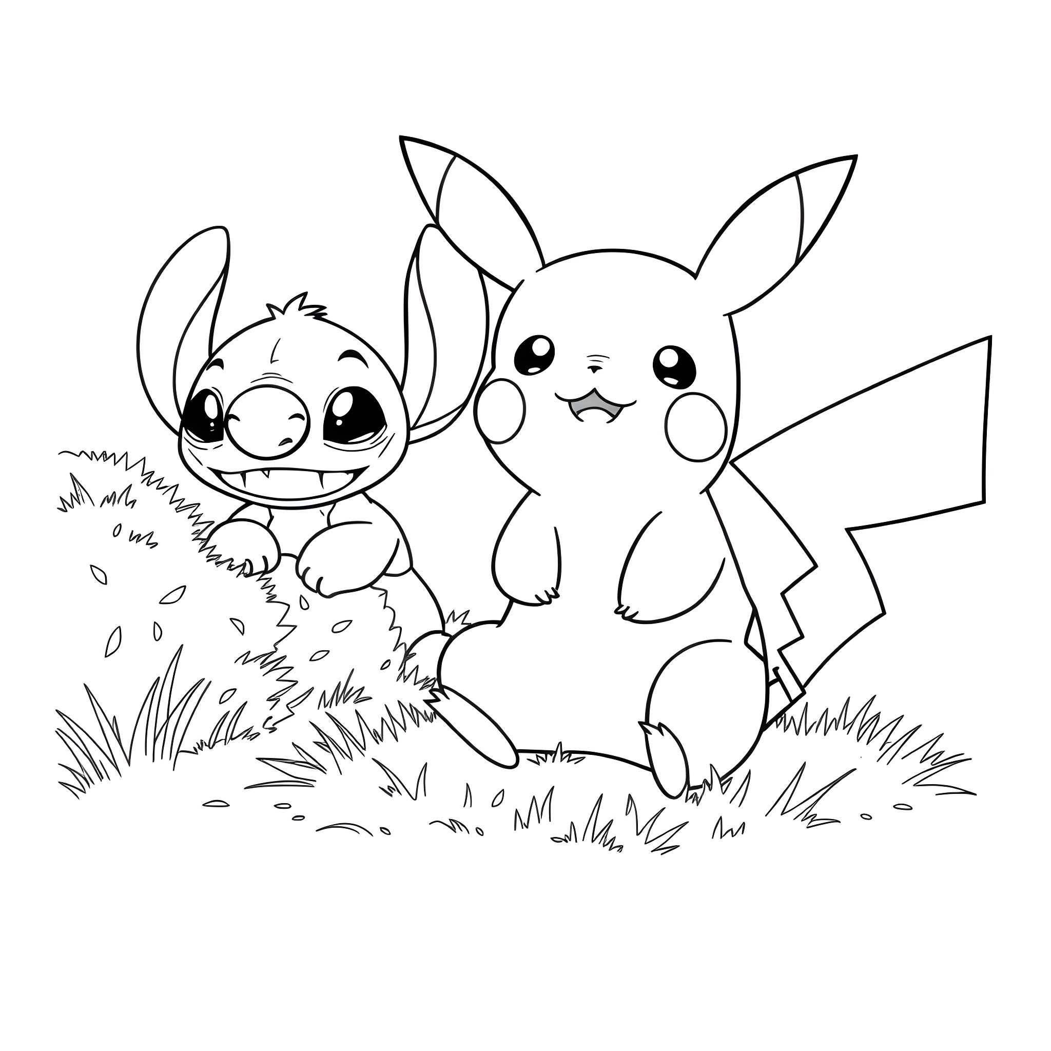Pikachu and Stitch playing together in nature Coloring Page (free black-and-white line drawing printable PDF for all, from beginners to advanced learners, including children, teens, adults, and seniors)