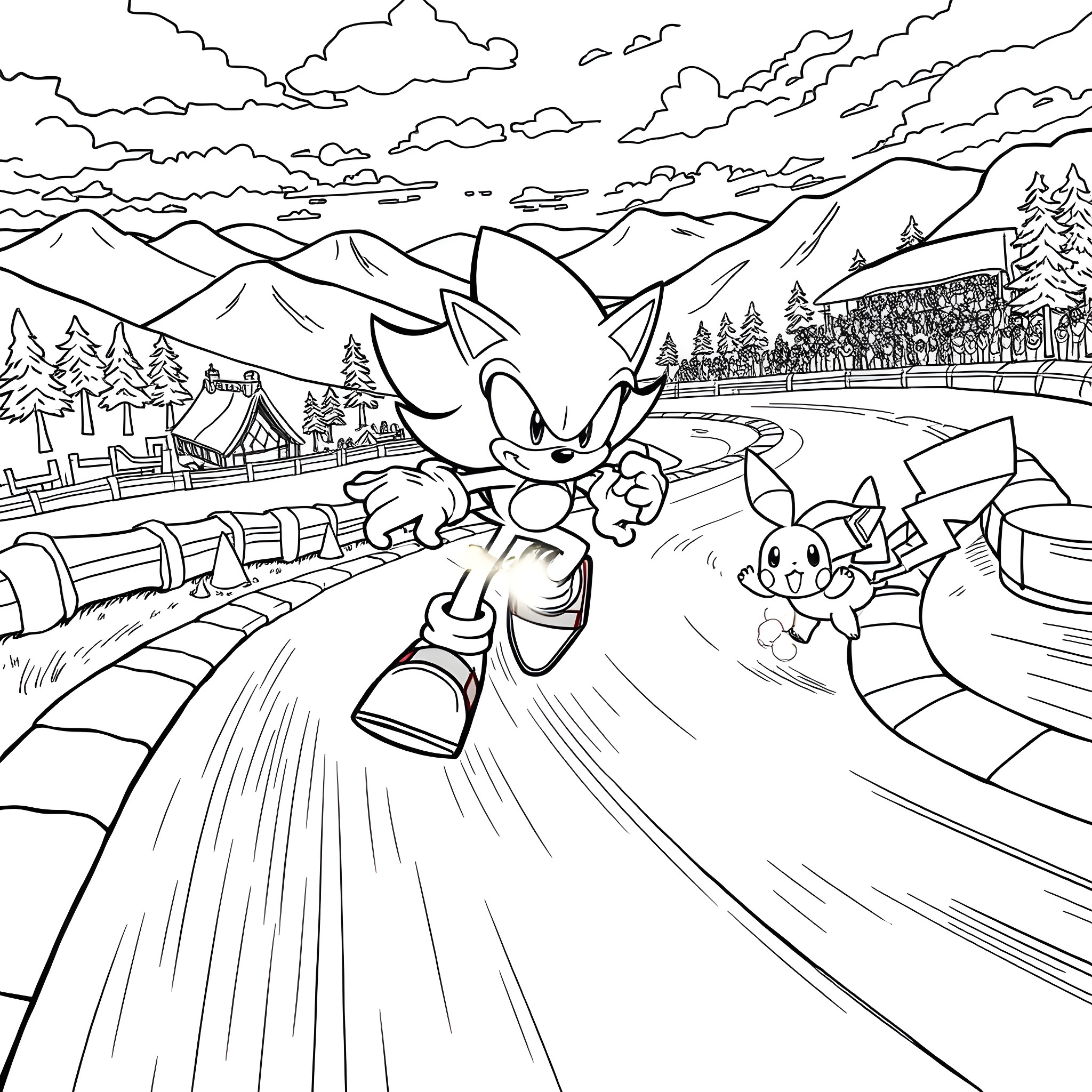 Sonic racing with friends through a snowy countryside Coloring Page (free black-and-white line drawing printable PDF for all, from beginners to advanced learners, including children, teens, adults, and seniors)