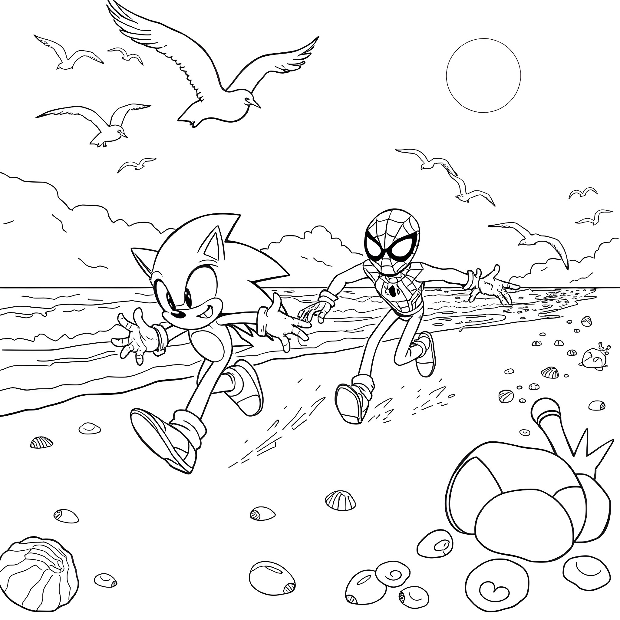 Sonic and Spider-Man racing on the beach Coloring Page (free black-and-white line drawing printable PDF for all, from beginners to advanced learners, including children, teens, adults, and seniors)